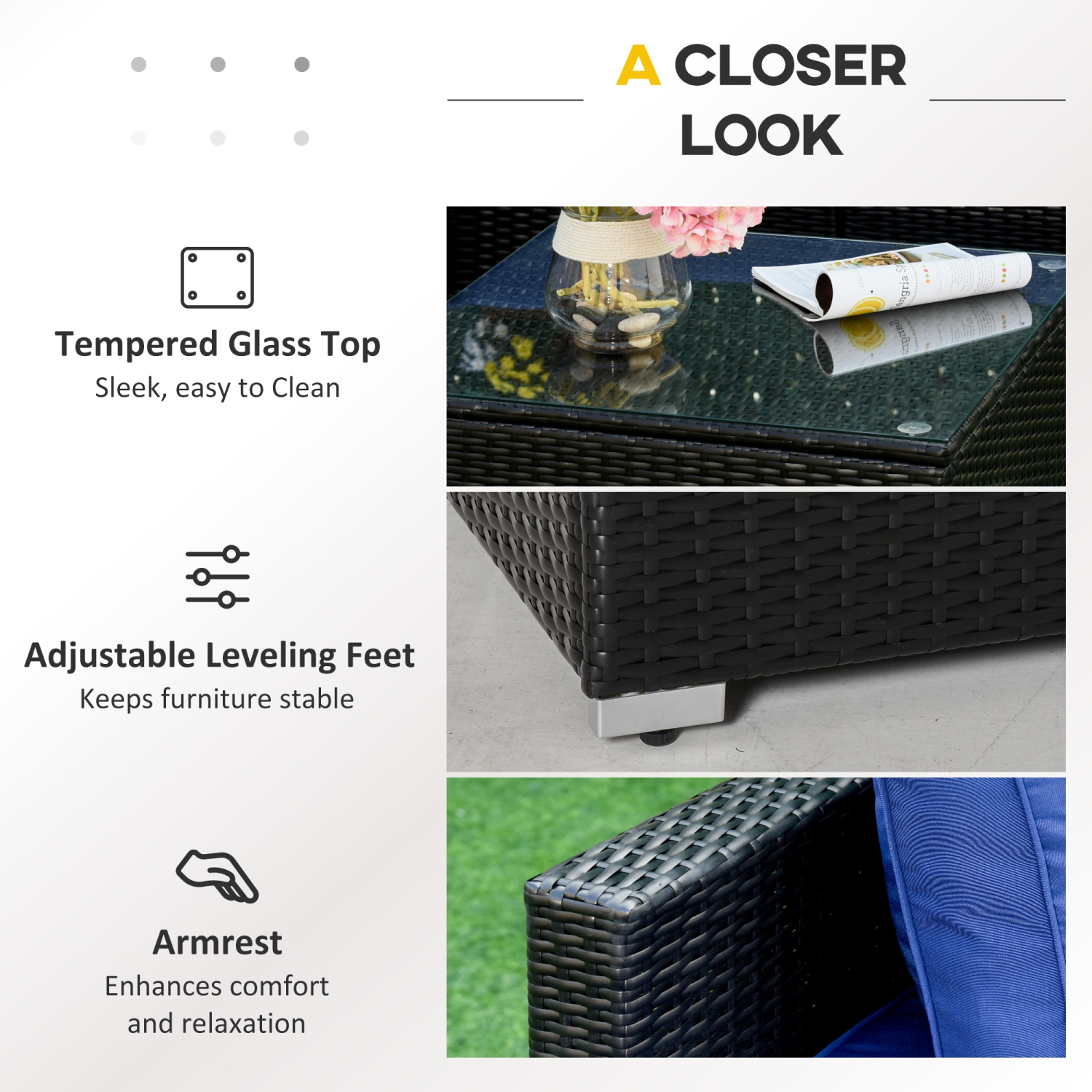 Outsunny 6 Pieces Outdoor PE Rattan Wicker Patio Furniture Sofa Set with Thick Cushions, Deluxe Garden Sectional Couch with Glass Top Table, Black