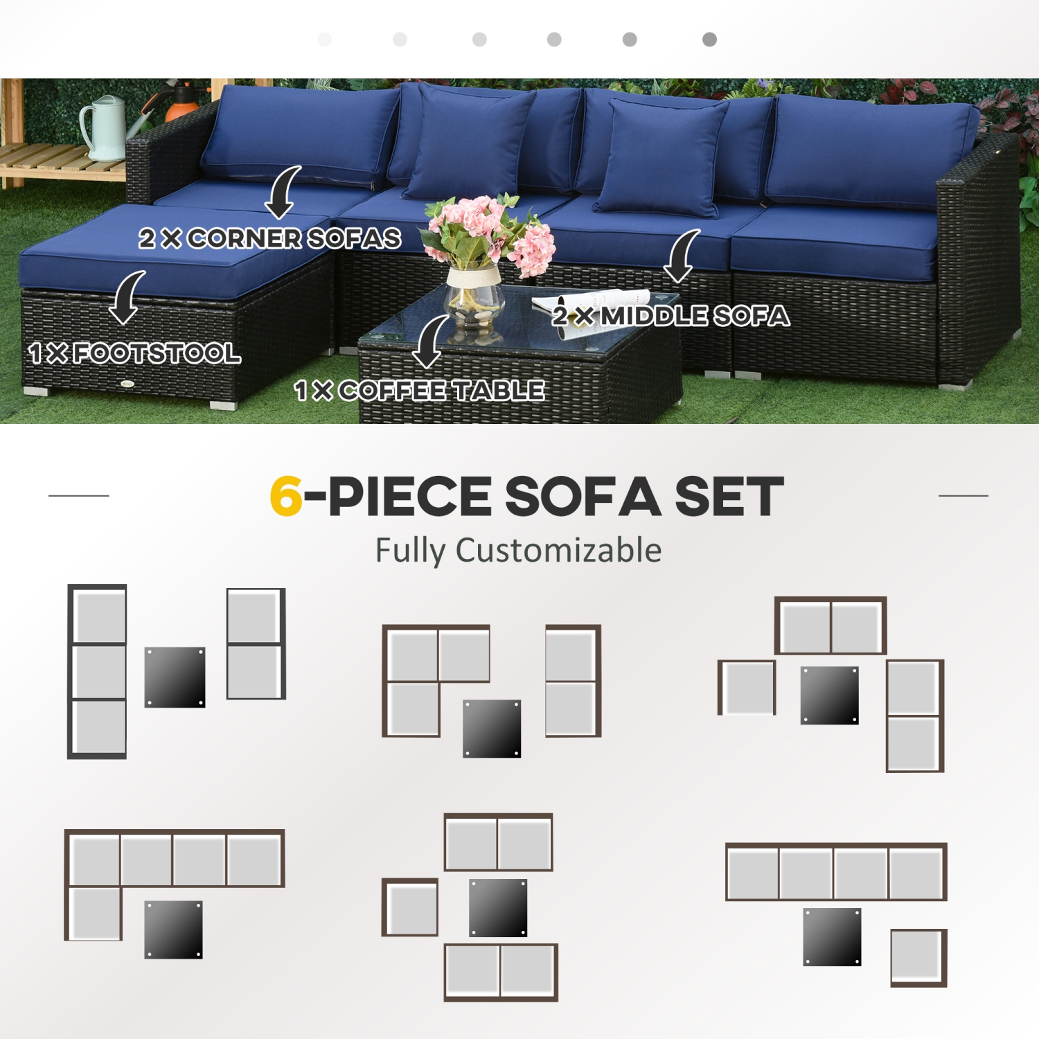 Outsunny 6 Pieces Outdoor PE Rattan Wicker Patio Furniture Sofa Set with Thick Cushions, Deluxe Garden Sectional Couch with Glass Top Table, Black