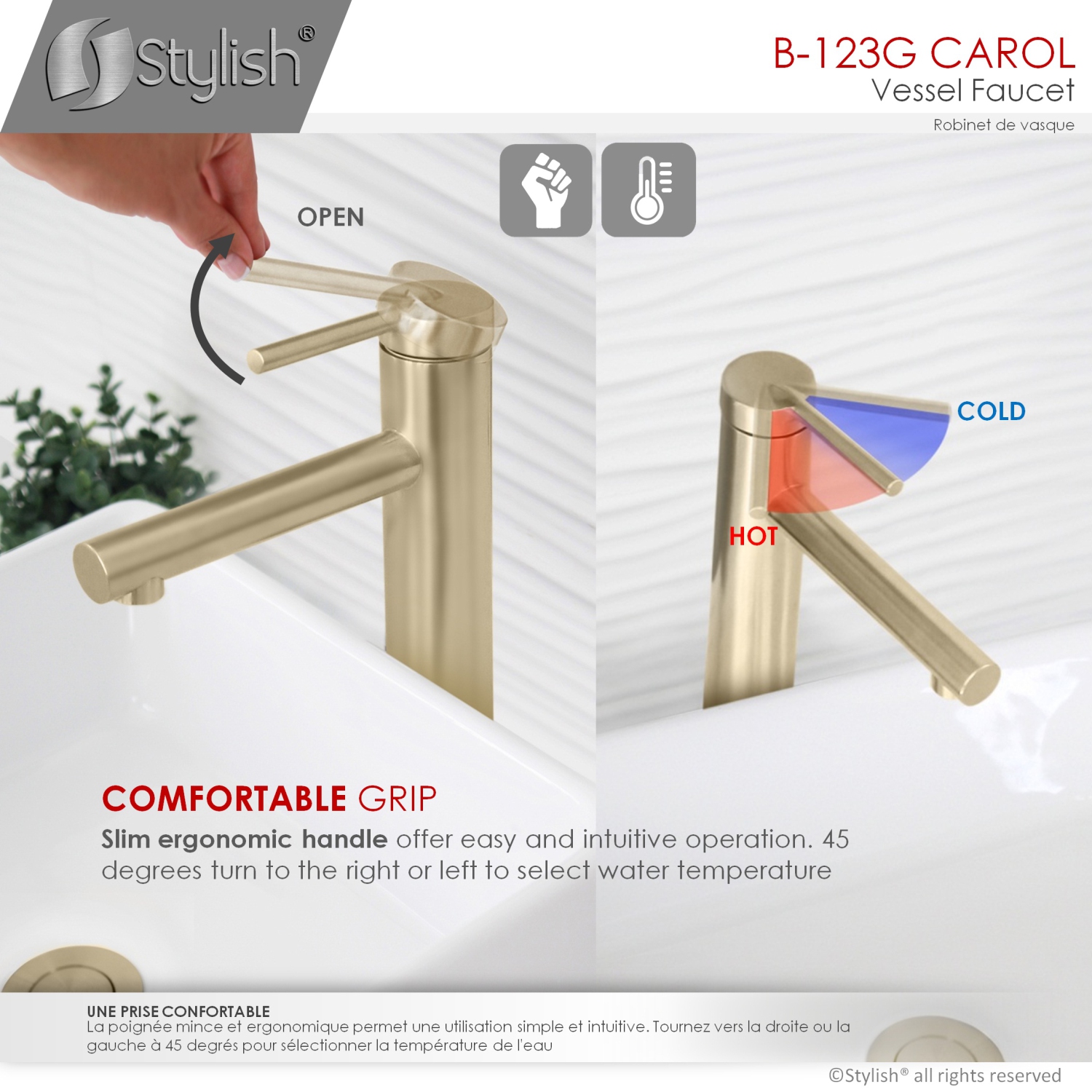 STYLISH Single Handle Bathroom Vessel Sink Faucet, Stainless Steel Brushed Gold Finish B-123G