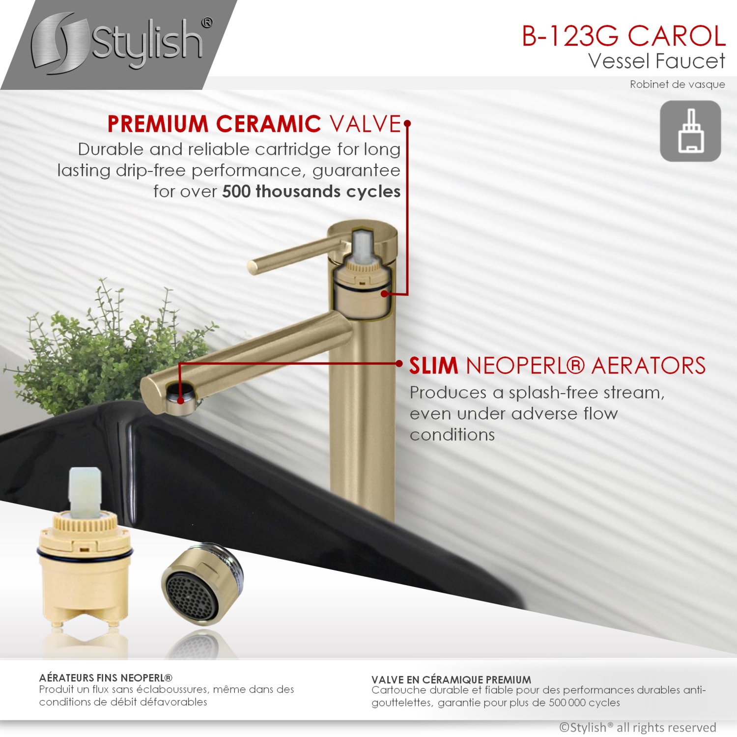 STYLISH Single Handle Bathroom Vessel Sink Faucet, Stainless Steel Brushed Gold Finish B-123G