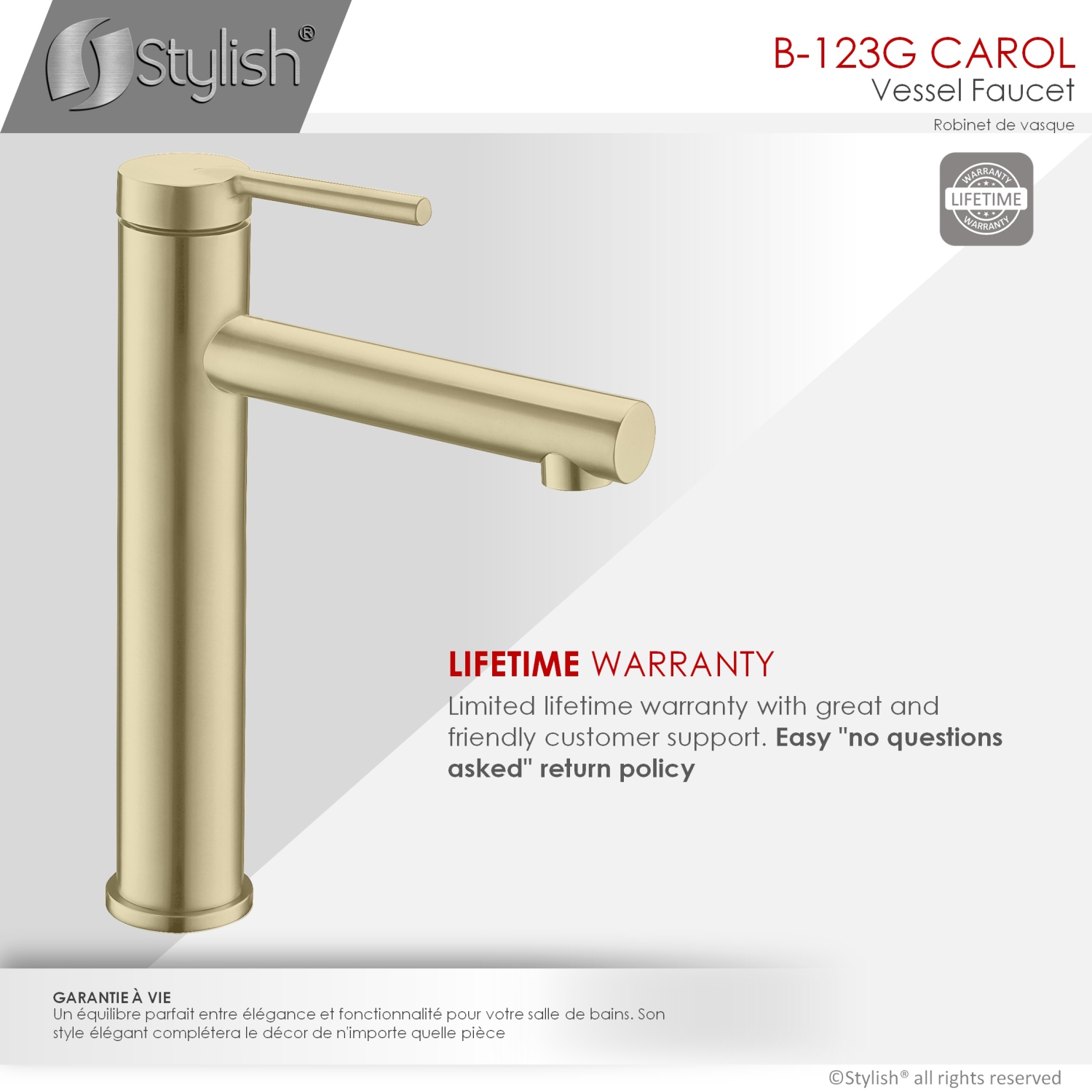 STYLISH Single Handle Bathroom Vessel Sink Faucet, Stainless Steel Brushed Gold Finish B-123G