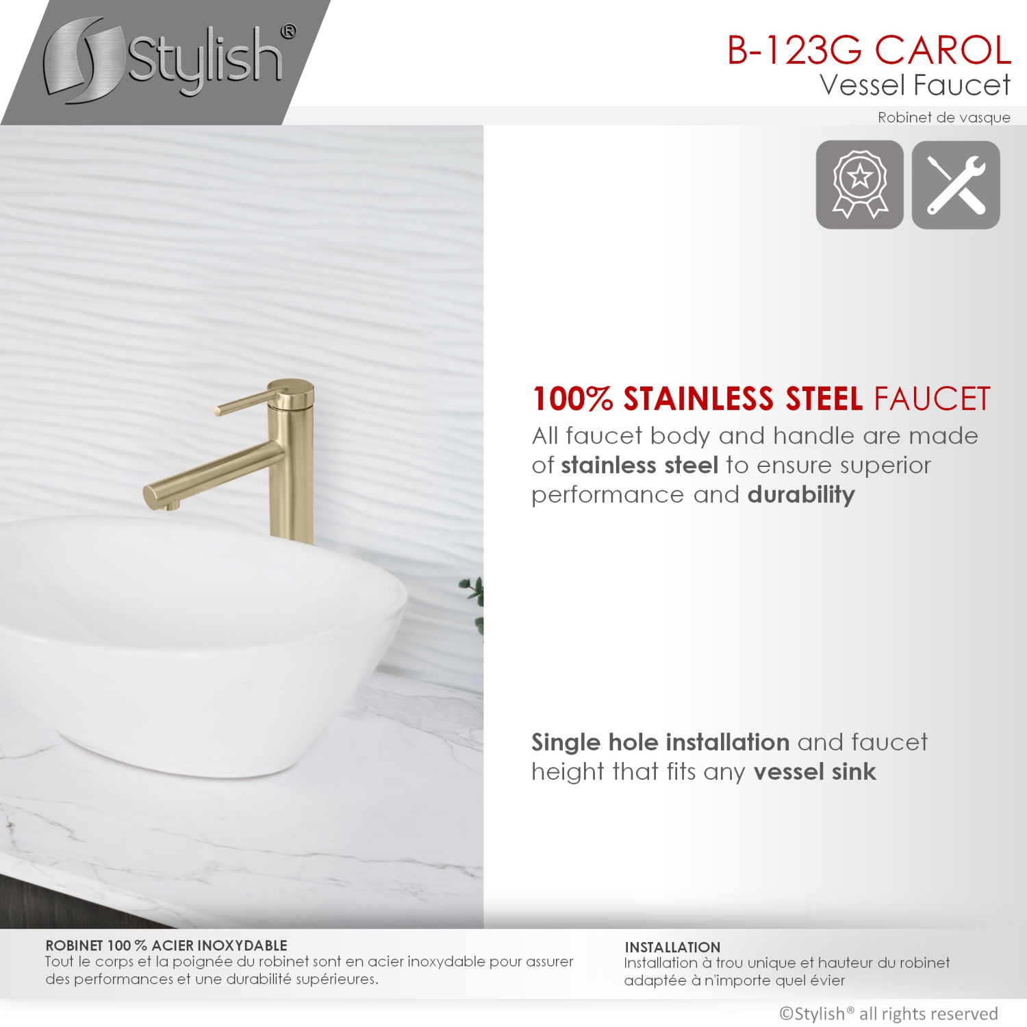 STYLISH Single Handle Bathroom Vessel Sink Faucet, Stainless Steel Brushed Gold Finish B-123G