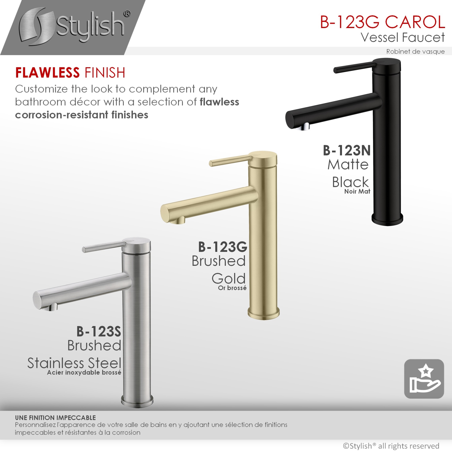 STYLISH Single Handle Bathroom Vessel Sink Faucet, Stainless Steel Brushed Gold Finish B-123G