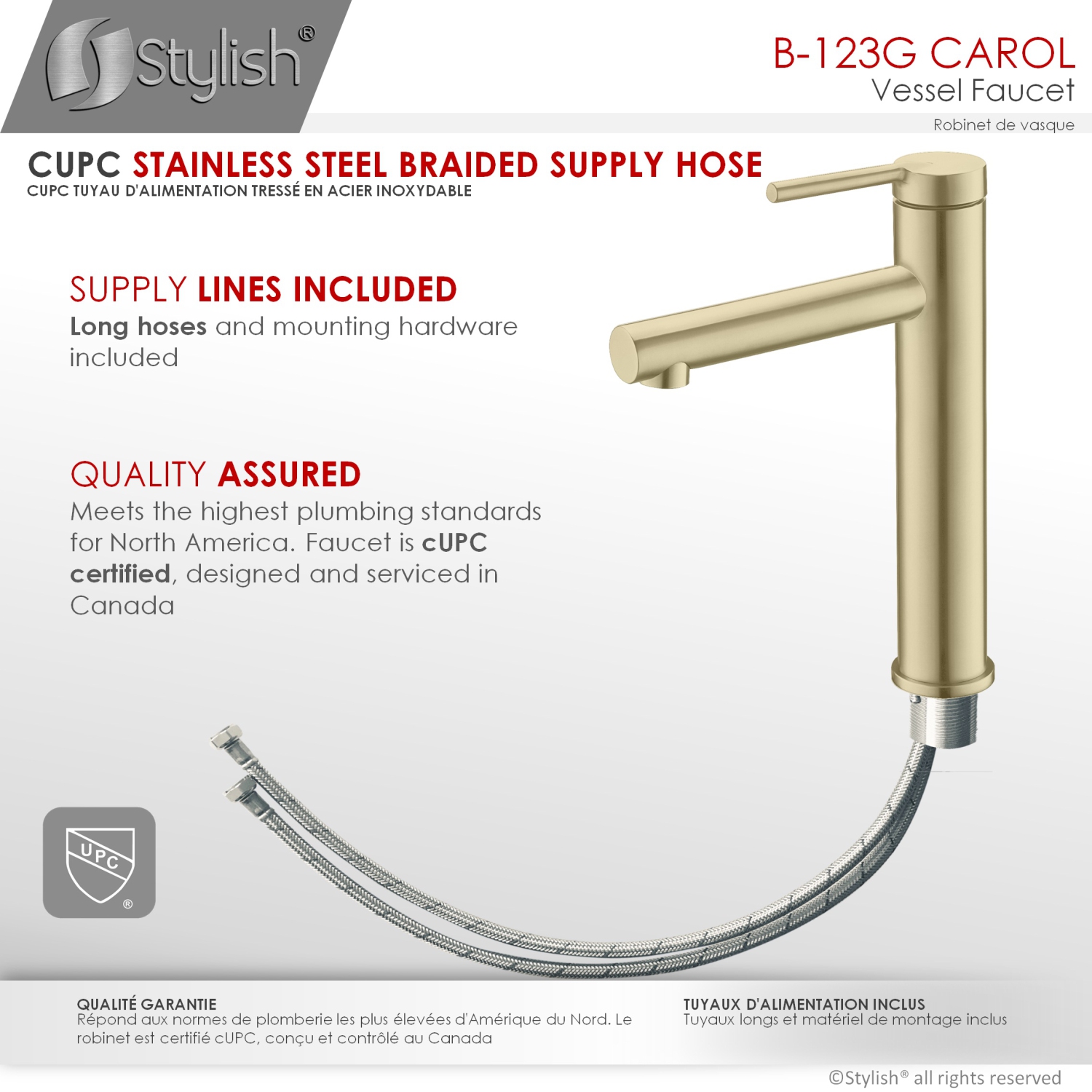 STYLISH Single Handle Bathroom Vessel Sink Faucet, Stainless Steel Brushed Gold Finish B-123G