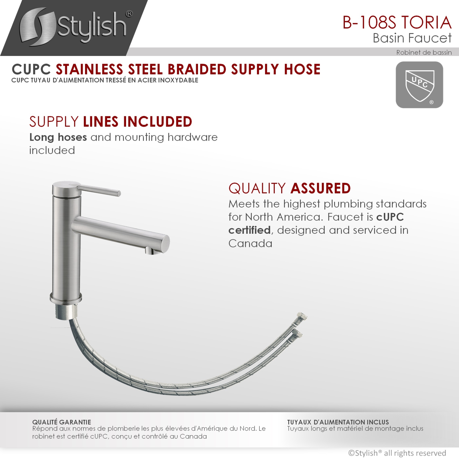 Robinet de lavabo moderne à une poignée pour salle de bain, fini acier inoxydable brossé B-108S