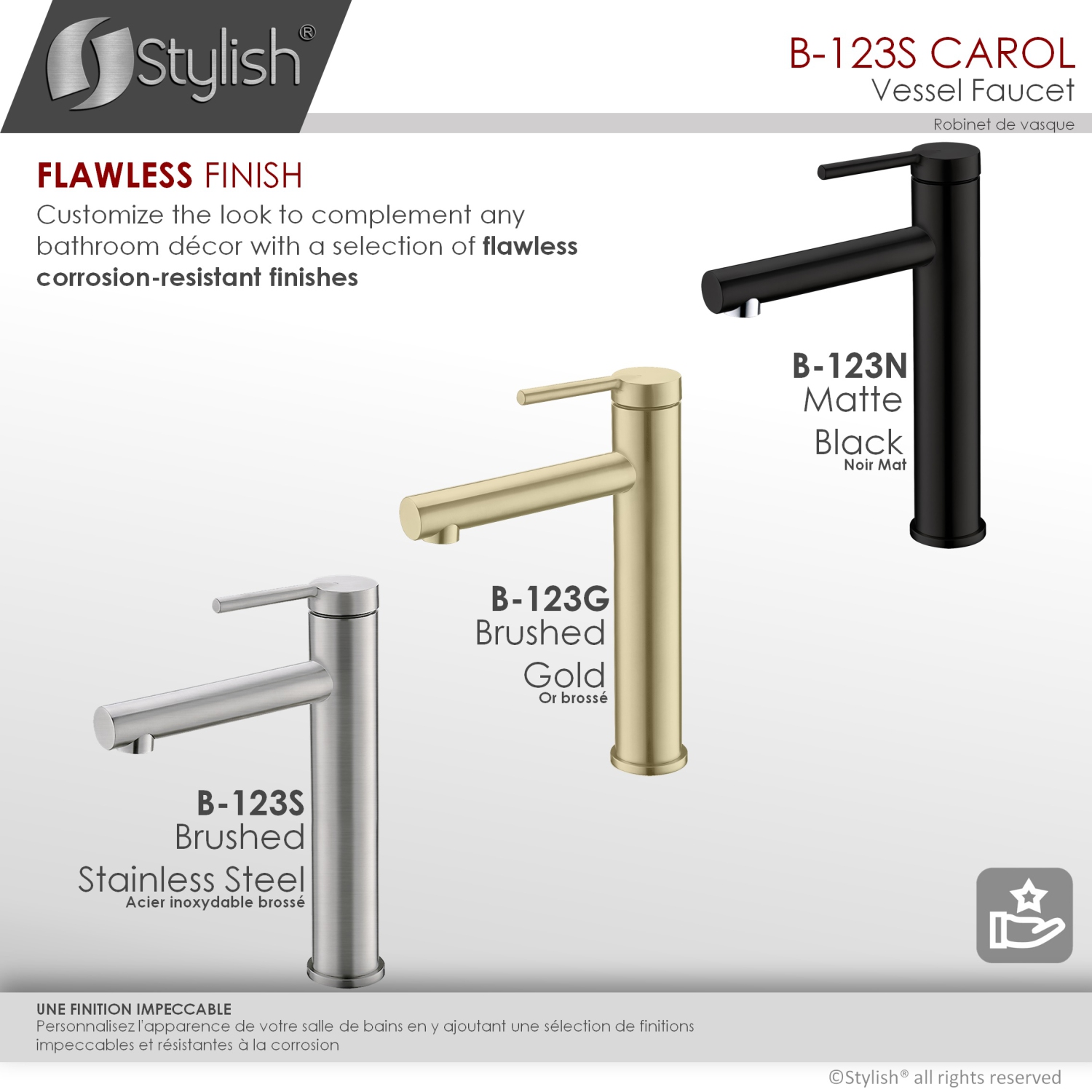STYLISH Single Handle Bathroom Vessel Sink Faucet, Brushed Stainless Steel Finish B-123S