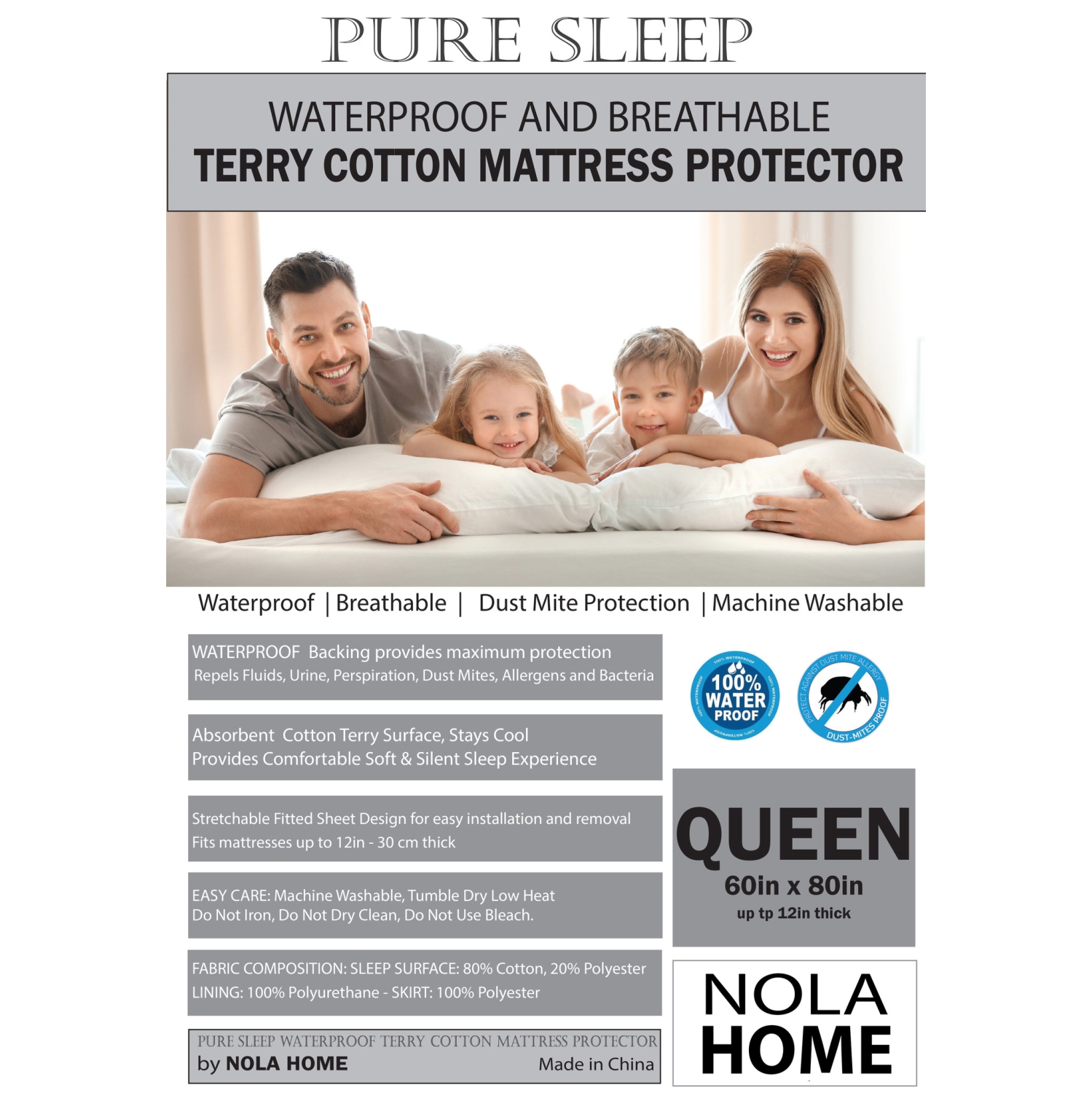 Nola Home 100% Waterproof Mattress Protector - Terry Cotton Bed