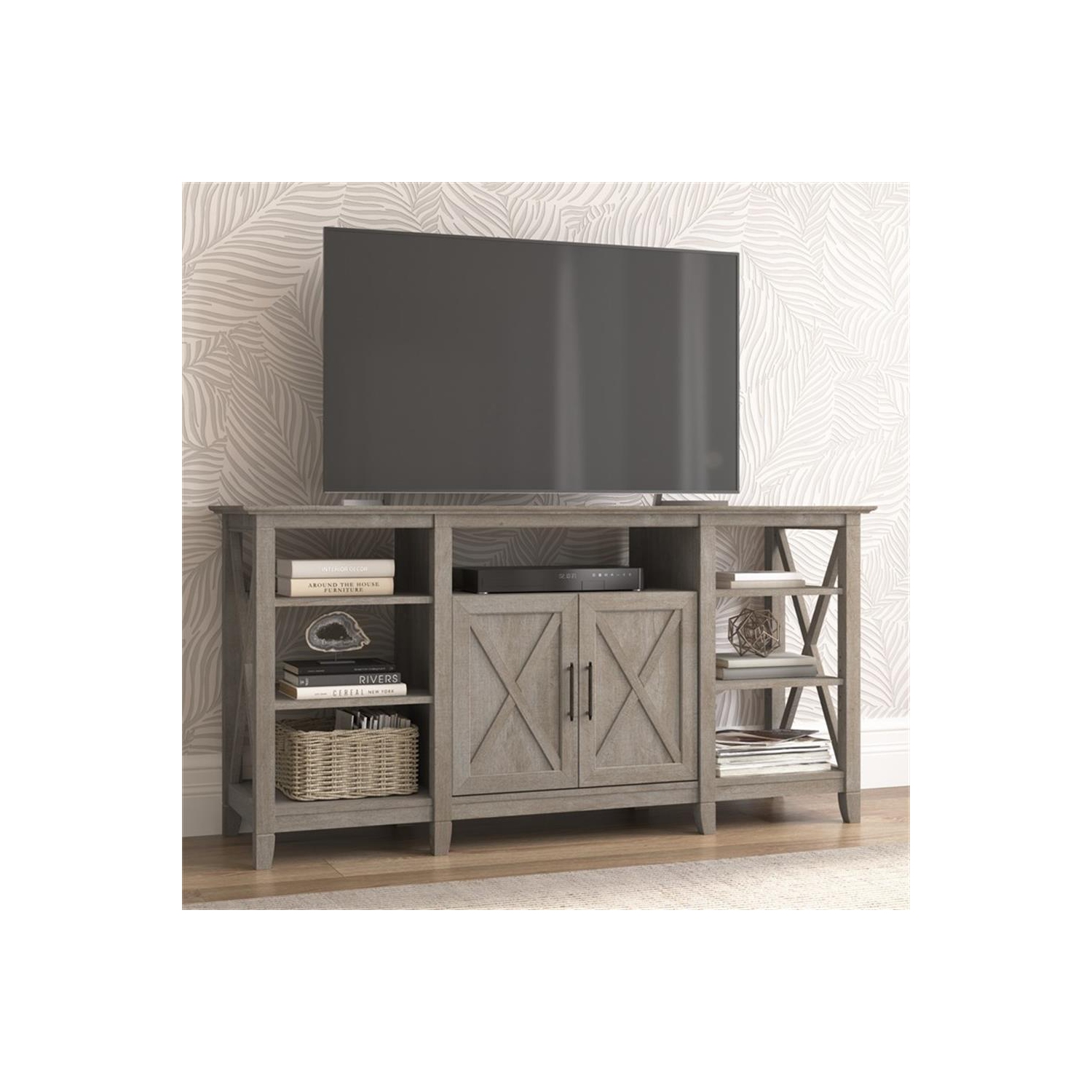 Bush Furniture Key West Tall TV Stand for 65 Inch TV in Washed Gray