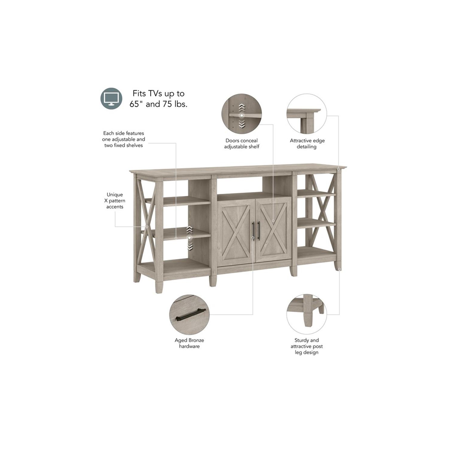 Bush Furniture Key West Tall TV Stand for 65 Inch TV in Washed Gray