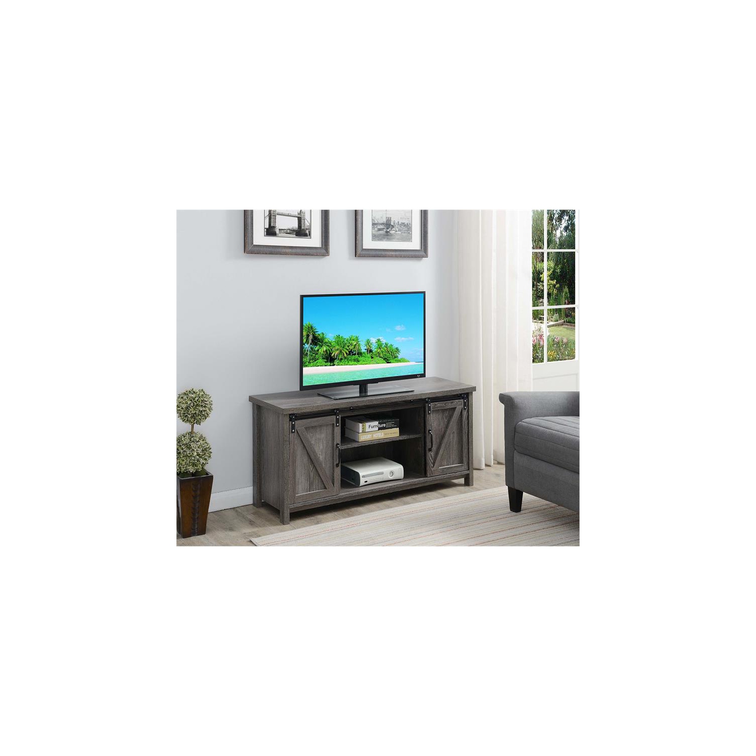 Convenience Concepts Blake Barn Door 52" TV Stand in Rustic Gray Wood Finish