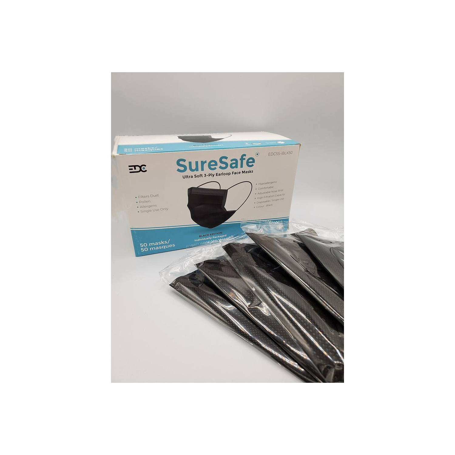 SureSafe 3-ply Disposable Face Masks Individually Packaged 50 Pack - Black