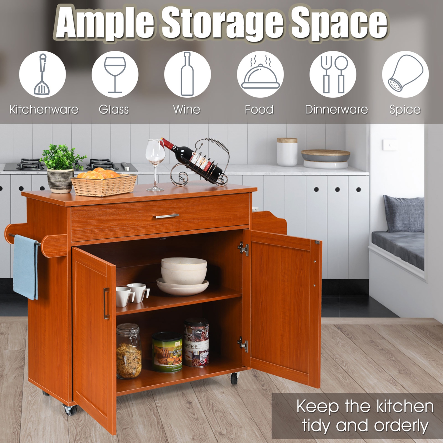 Costway Rolling Kitchen Island Cart Storage Cabinet w/ Towel & Spice Rack