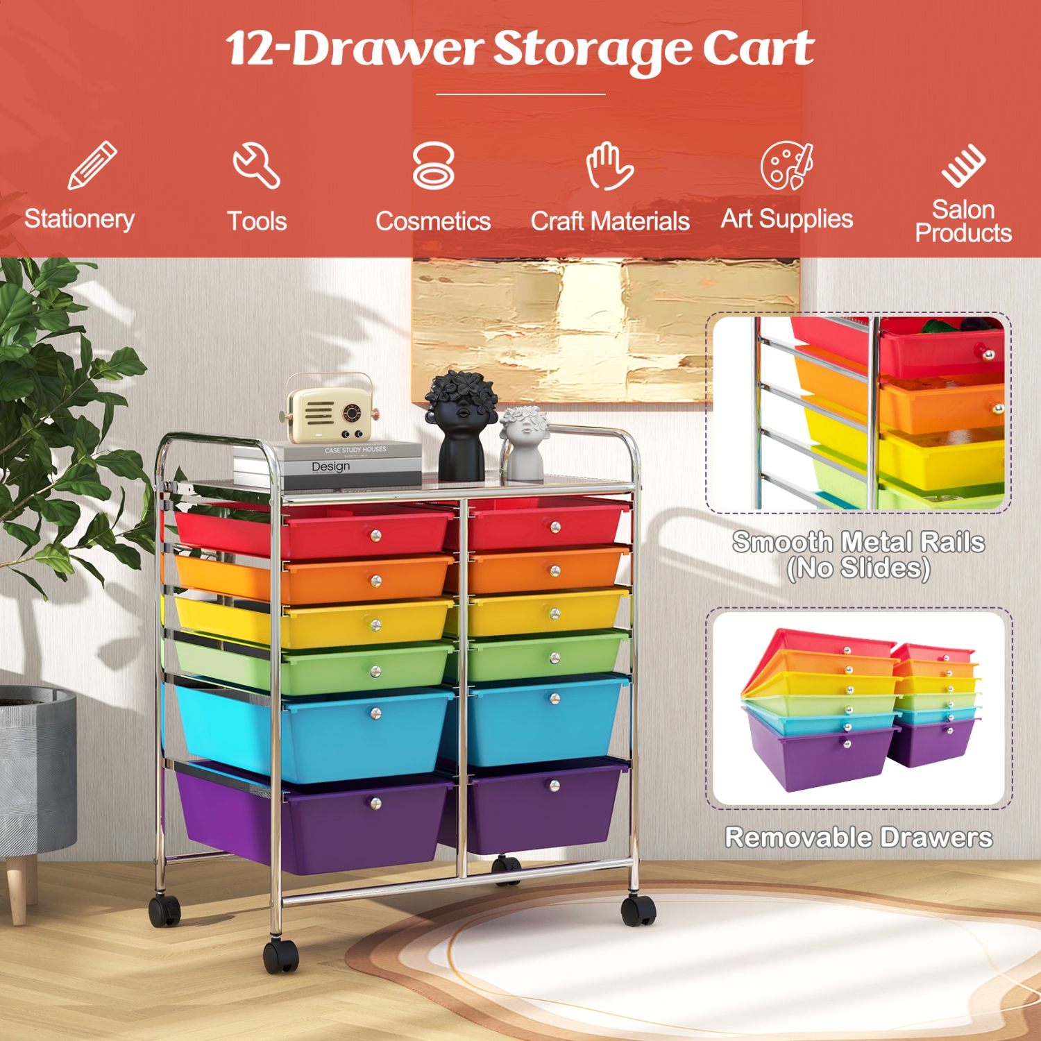 Costway 12 Drawers Rolling Cart Storage Mutlicolor Scrapbook Paper Studio Organizer Bins