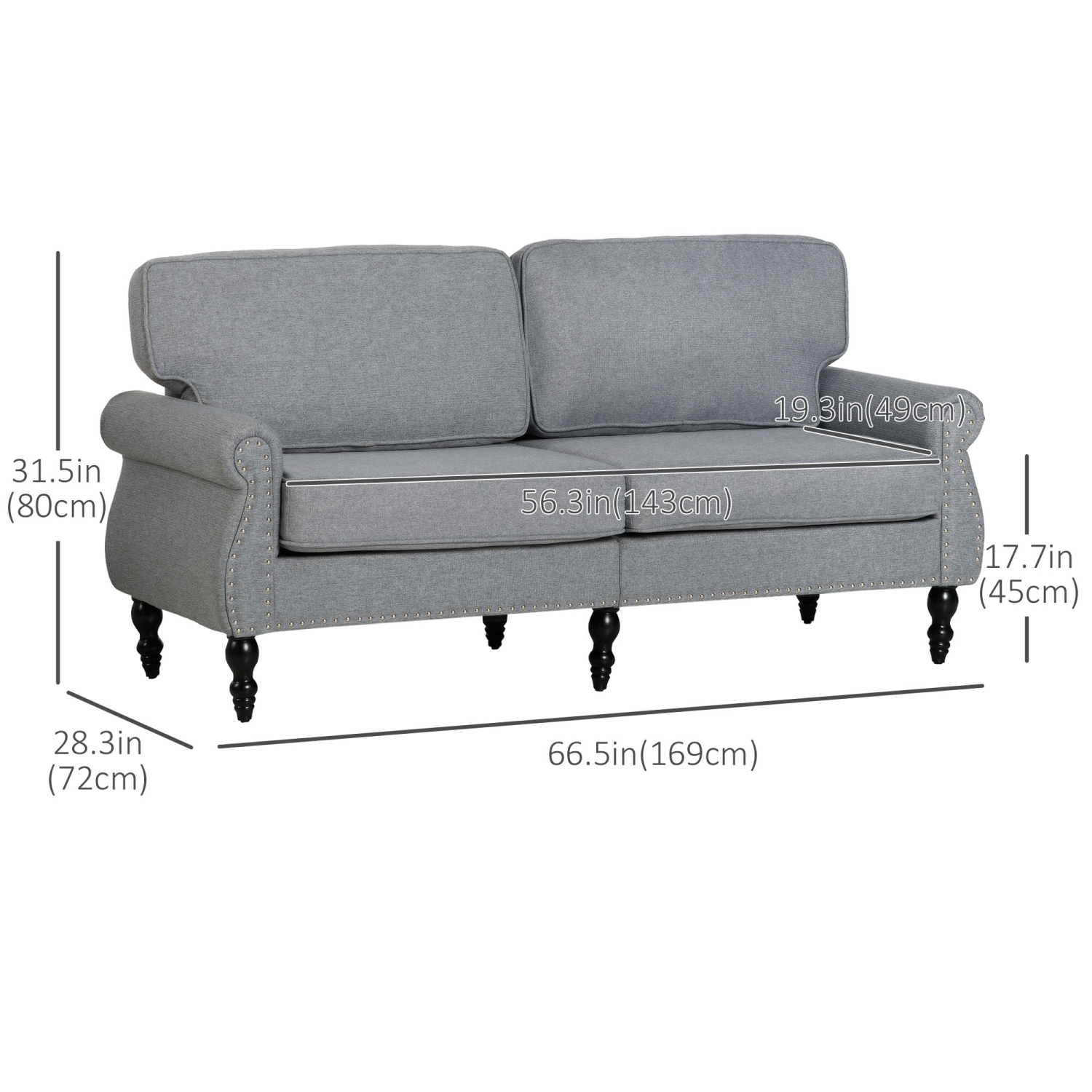 HOMCOM Canapé double de style traditionnel avec rembourrage en éponge et pied en bois de caoutchouc, causeuse à 2 places avec tête de clou pour