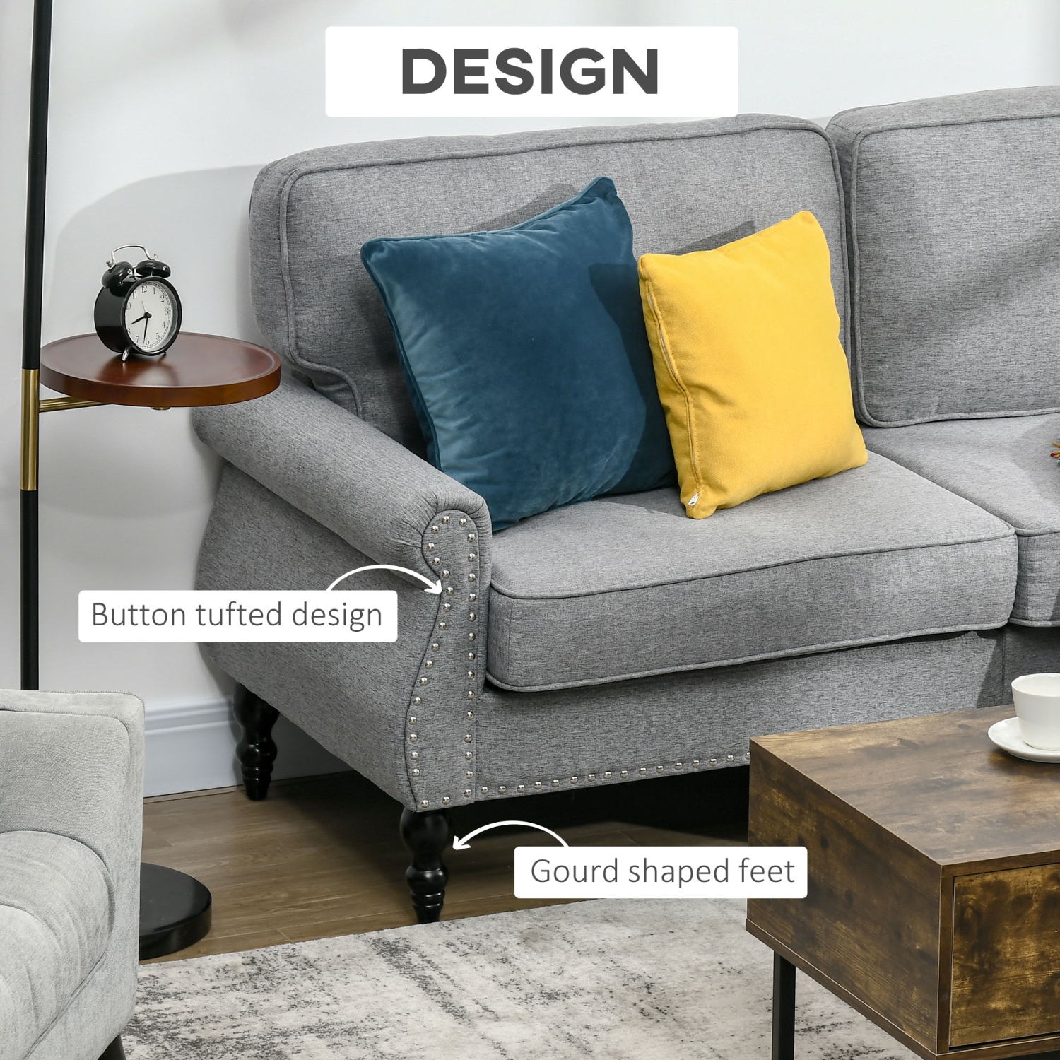 HOMCOM Canapé double de style traditionnel avec rembourrage en éponge et pied en bois de caoutchouc, causeuse à 2 places avec tête de clou pour