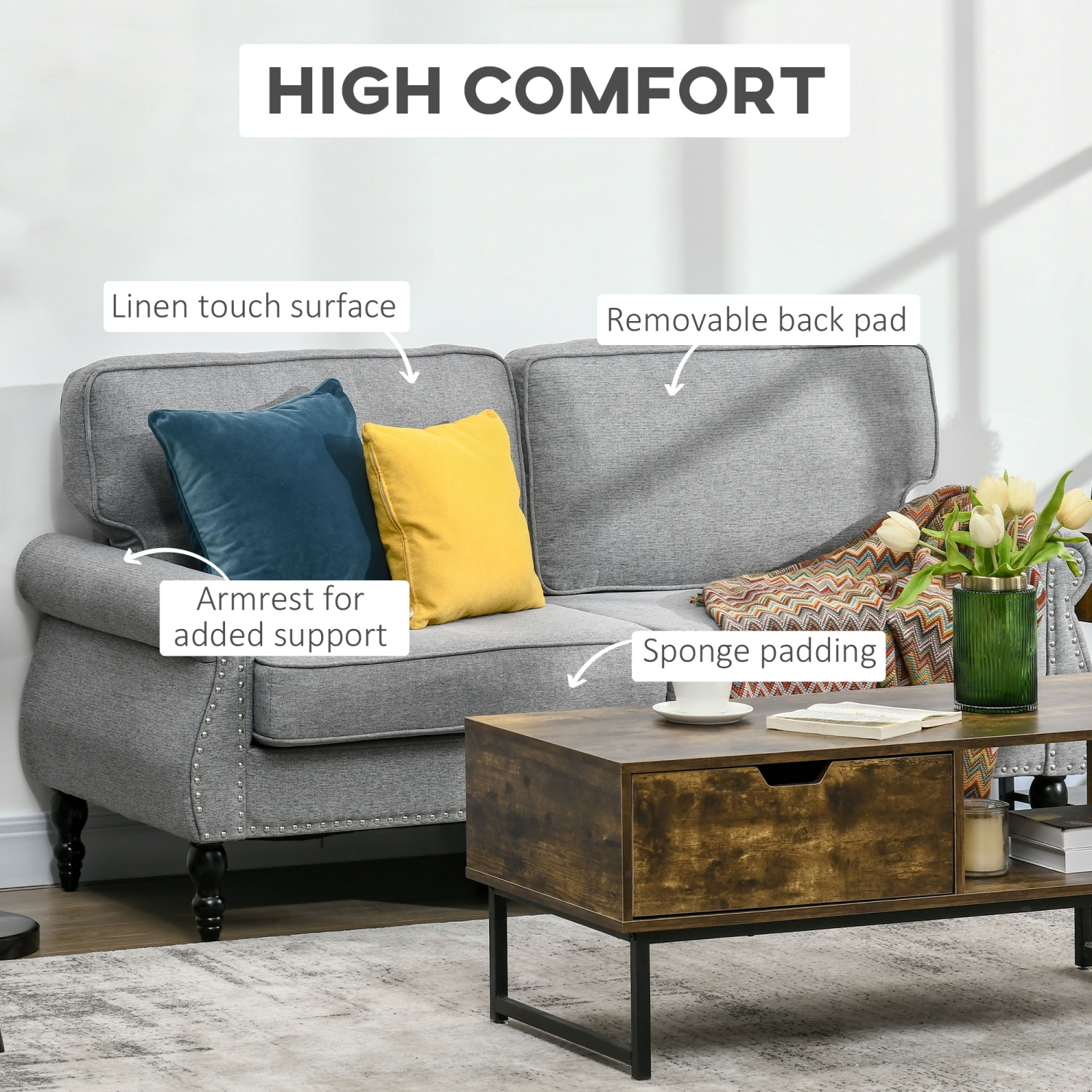 HOMCOM Canapé double de style traditionnel avec rembourrage en éponge et pied en bois de caoutchouc, causeuse à 2 places avec tête de clou pour