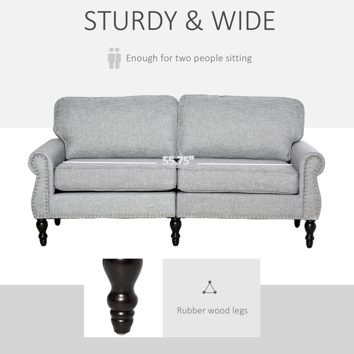 HOMCOM Canapé double de style traditionnel avec rembourrage en éponge et pied en bois de caoutchouc, causeuse à 2 places avec tête de clou pour