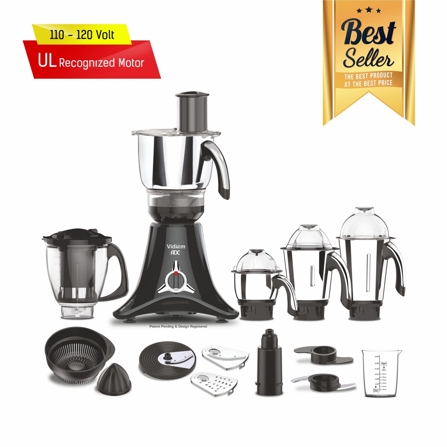 Vidiem ADC Mixer Grinder, Blender, Food Processor- 750W / 5 Jars - Indian Mixer Grinder with Almond Nut Milk Juice Extractor, Spice & Coffee grinder 110V for use in Canada / USA