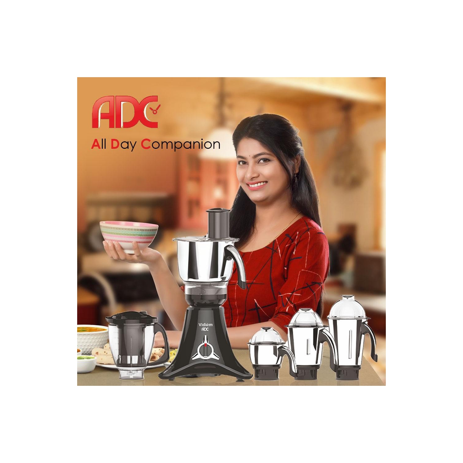 Vidiem ADC Mixer Grinder, Blender, Food Processor- 750W / 5 Jars - Indian Mixer Grinder with Almond Nut Milk Juice Extractor, Spice & Coffee grinder