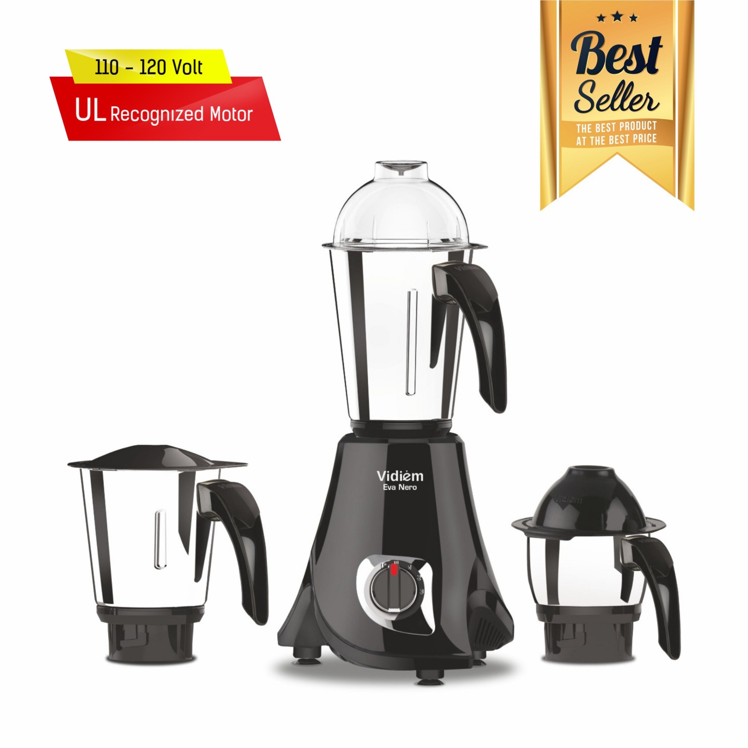 Vidiem Eva Nero 650W / 110V Mixer Grinder countertop , Blender, Stainless Steel Jars - Indian Mixer Grinder, Spice & Coffee grinder , Food Grain Mill