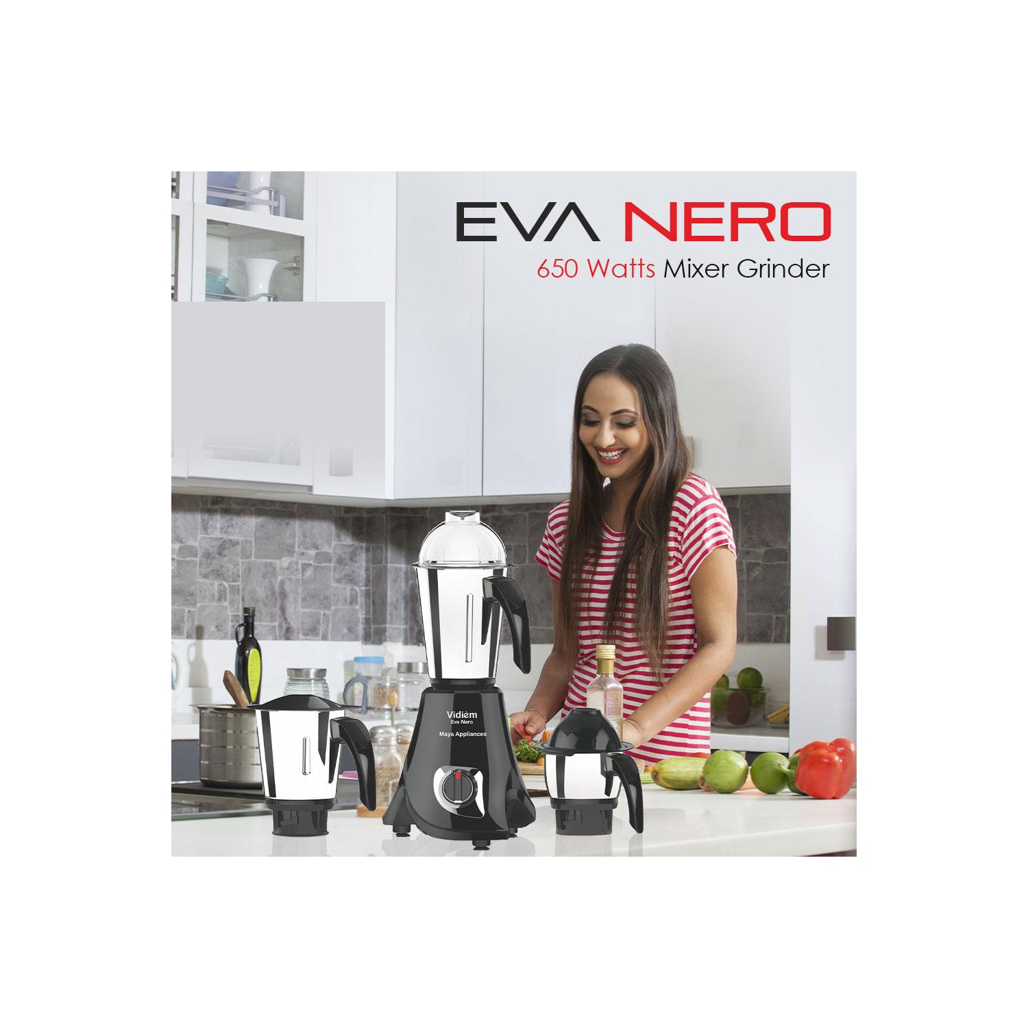 Vidiem Eva Nero 650W / 110V Mixer Grinder countertop , Blender, Stainless Steel Jars - Indian Mixer Grinder, Spice & Coffee grinder , Food Grain Mill