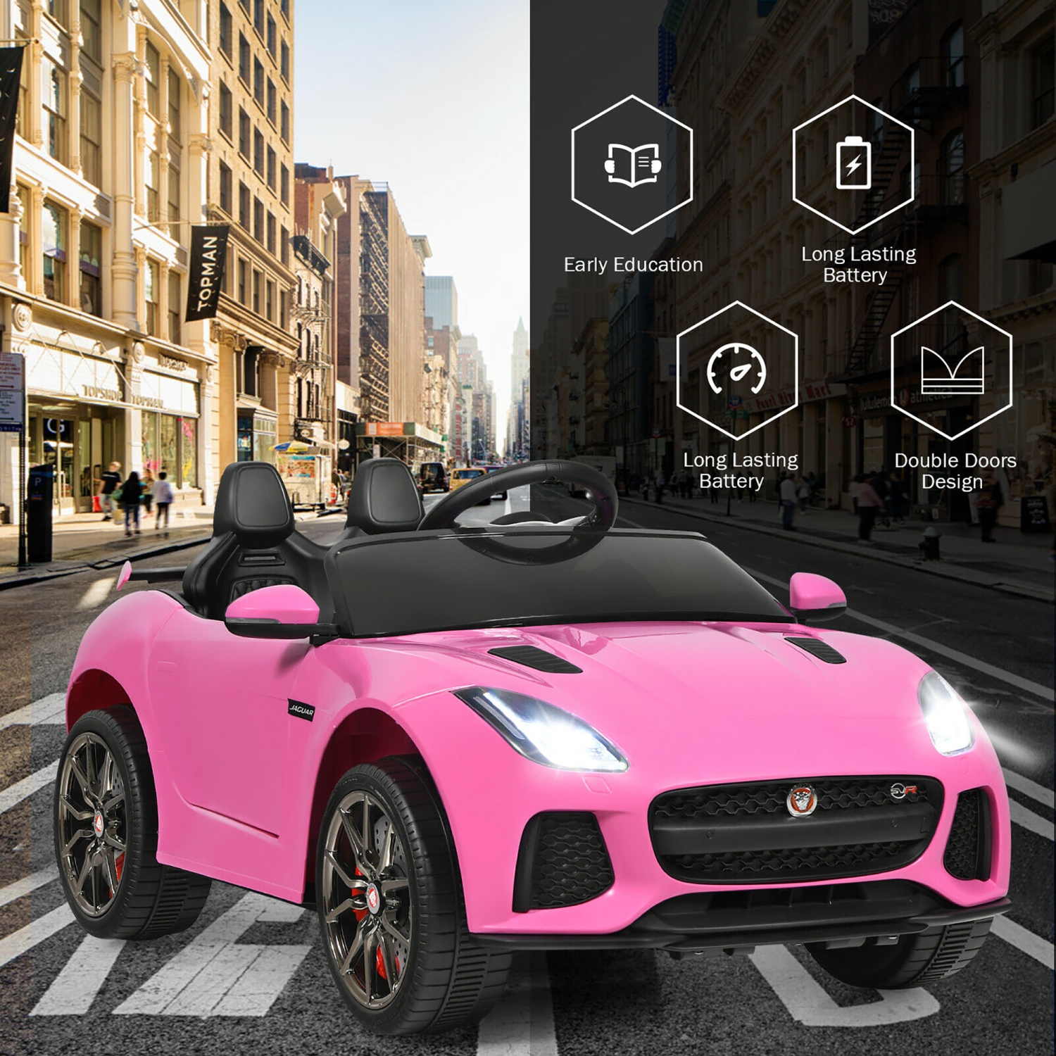 Jouet porteur Jaguar F-type SVR 12&nbsp;V de Costway avec MP3 et lumières roses