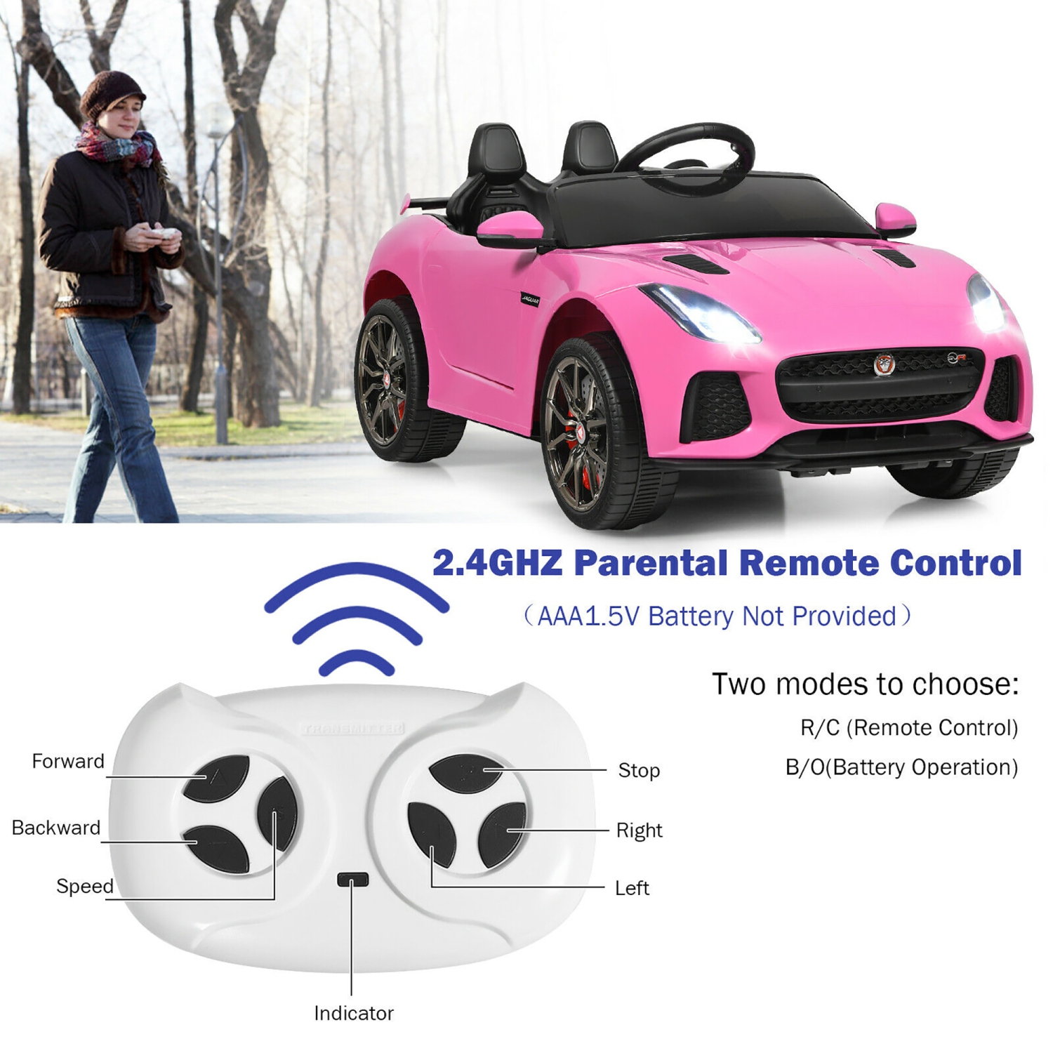 Jouet porteur Jaguar F-type SVR 12&nbsp;V de Costway avec MP3 et lumières roses