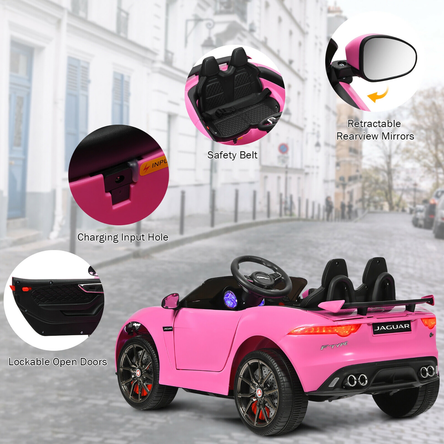 Jouet porteur Jaguar F-type SVR 12&nbsp;V de Costway avec MP3 et lumières roses