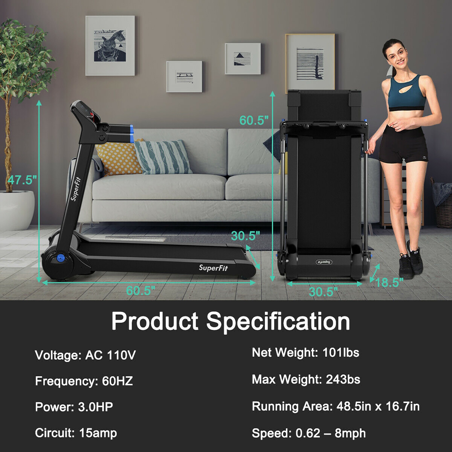 SuperFit 3HP Folding Electric Treadmill Running Machine w/ Bluetooth Speaker