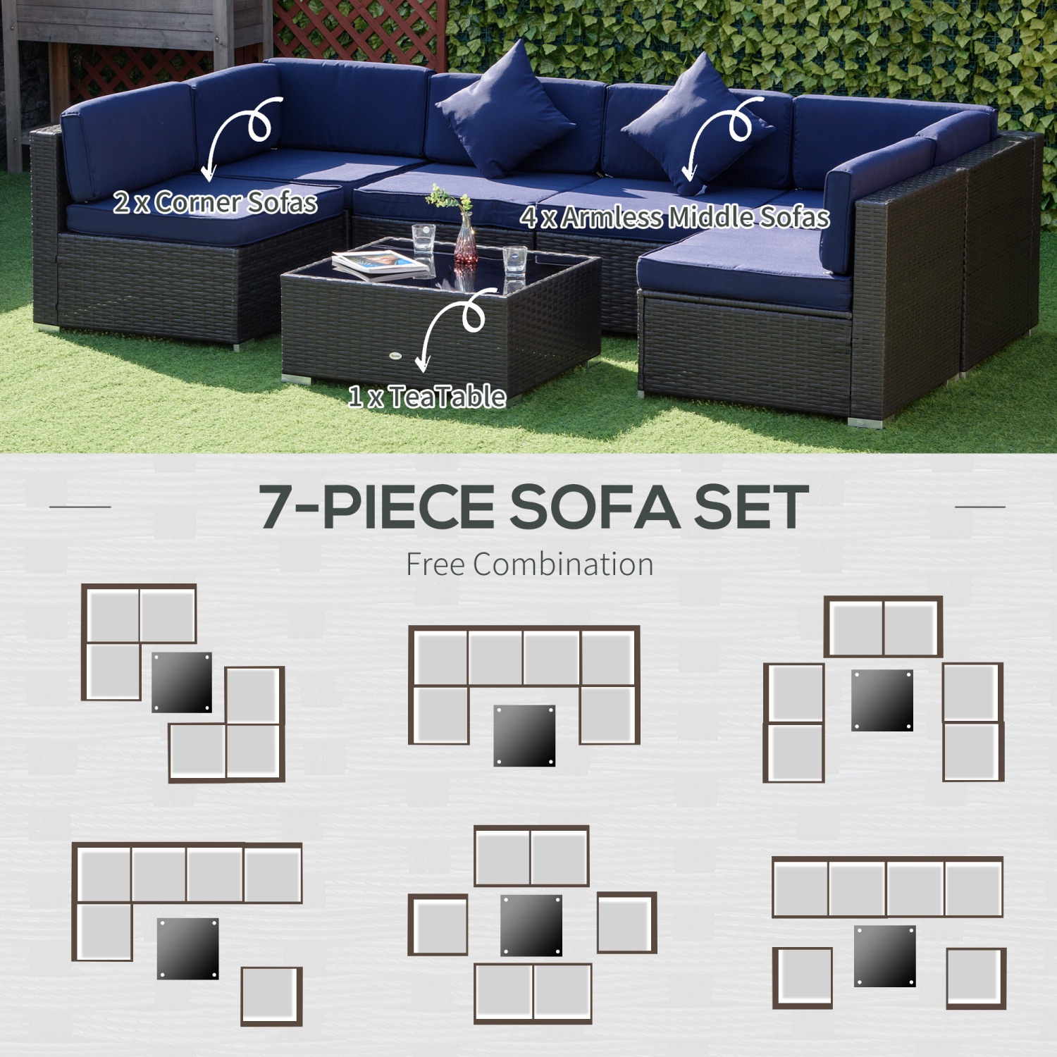 Outsunny 7 Piece Patio Furniture Set, PE Rattan Outdoor Conversation Set with Sectional Sofa, Glass Tabletop, Cushions and Pillows for Garden, Lawn,