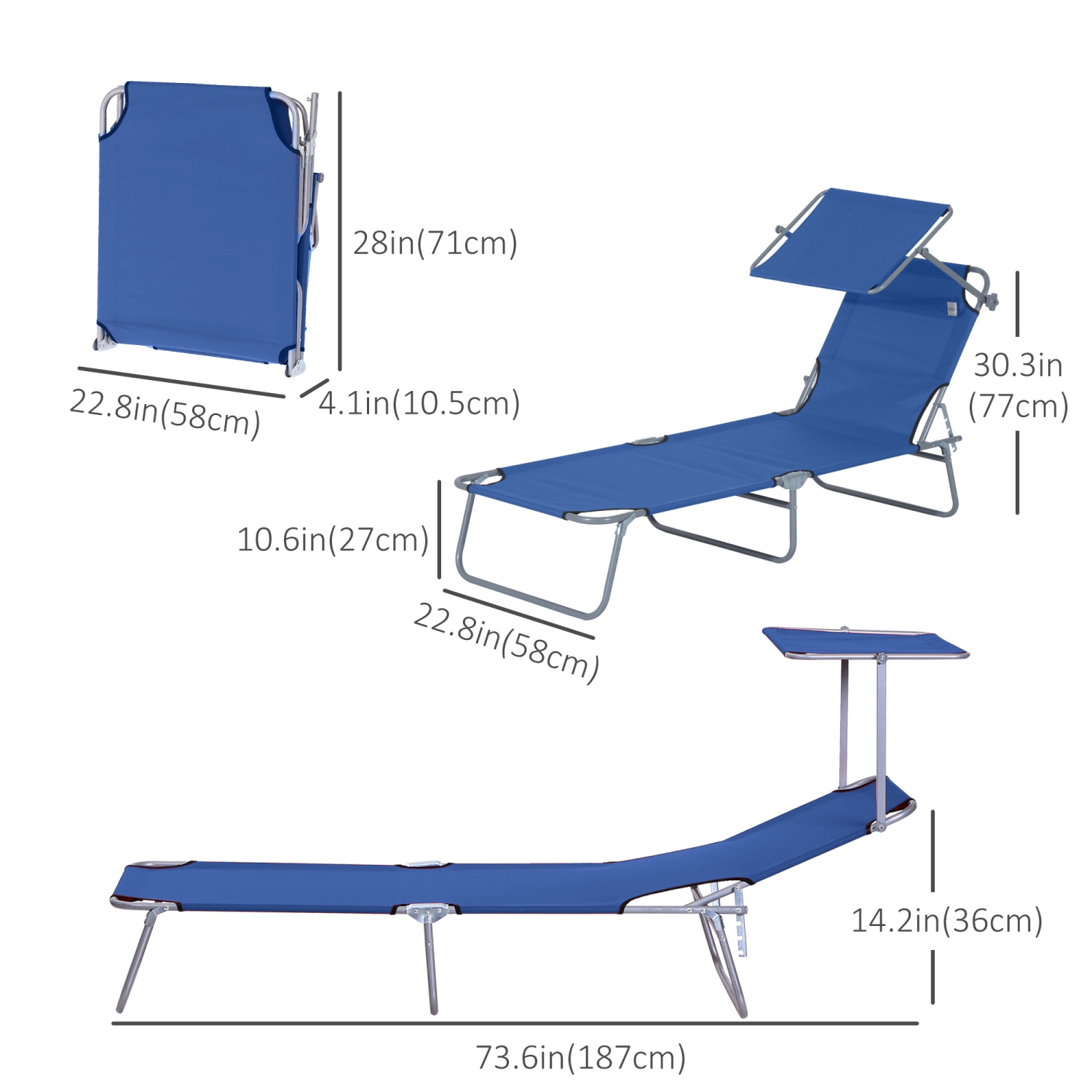 Outsunny Outdoor Lounge Chair, Adjustable Folding Chaise Lounge, Tanning Chair with Sun Shade for Beach, Camping, Hiking, Backyard, Blue