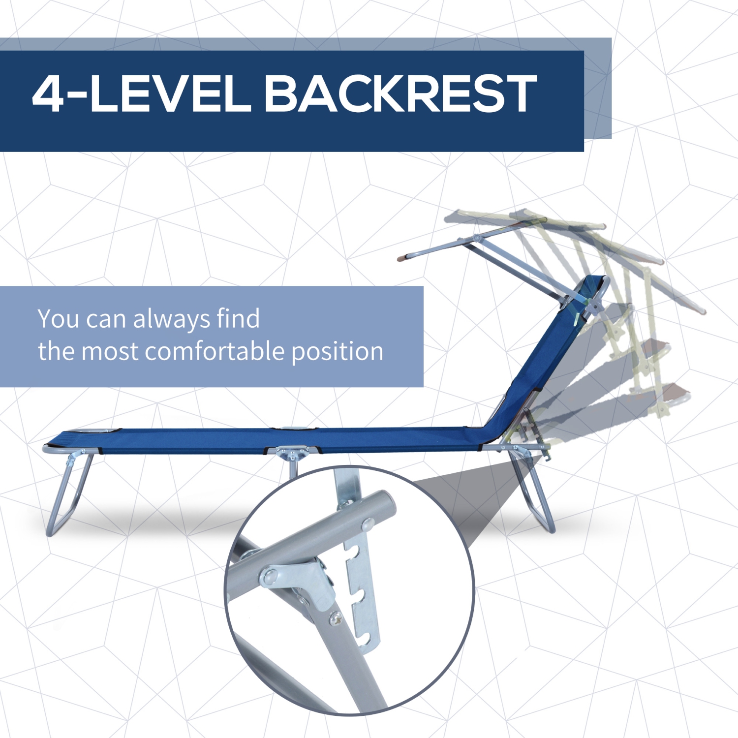 Outsunny Outdoor Lounge Chair, Adjustable Folding Chaise Lounge, Tanning Chair with Sun Shade for Beach, Camping, Hiking, Backyard, Blue