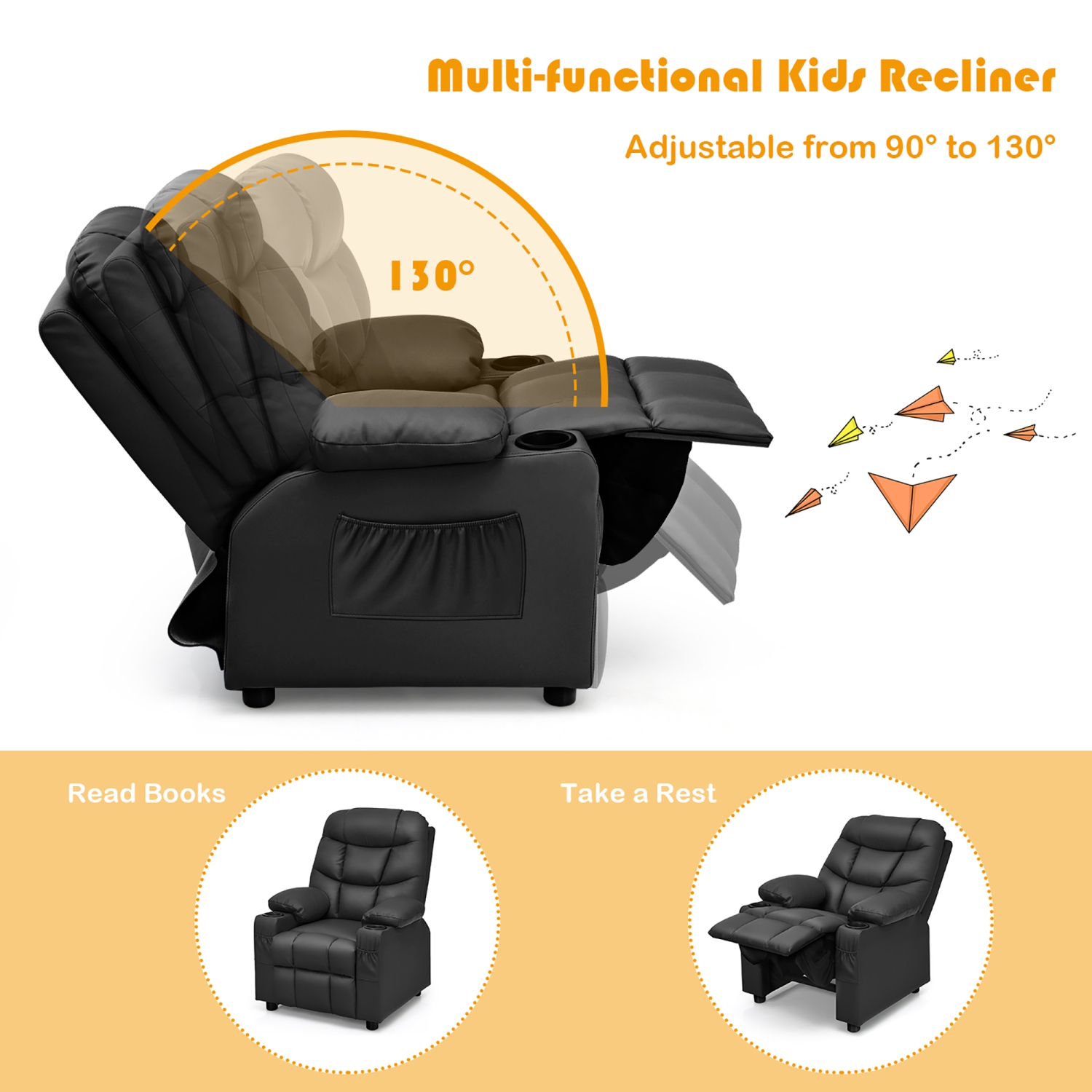 Costway Kids Youth Recliner Chair PU Leather w/Cup Holders & Side Pockets