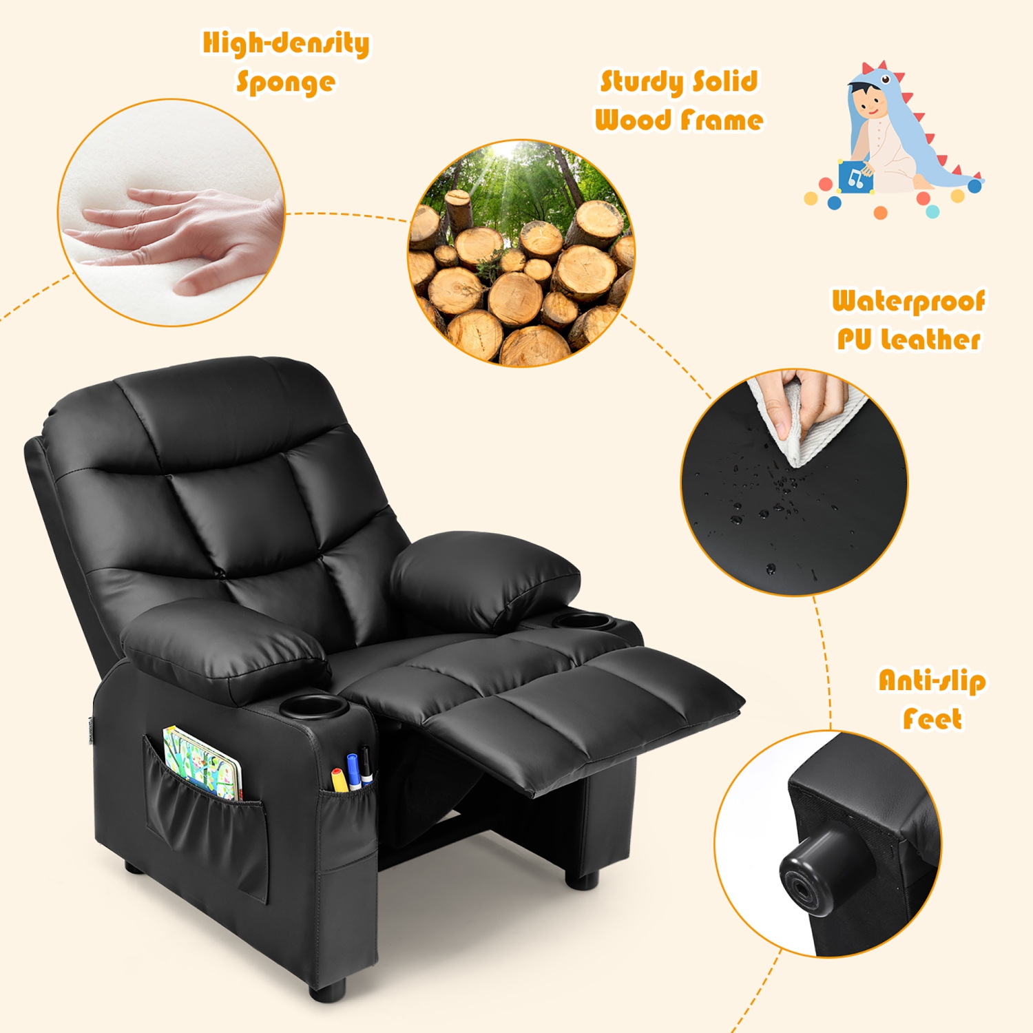 Costway Kids Youth Recliner Chair PU Leather w/Cup Holders & Side Pockets