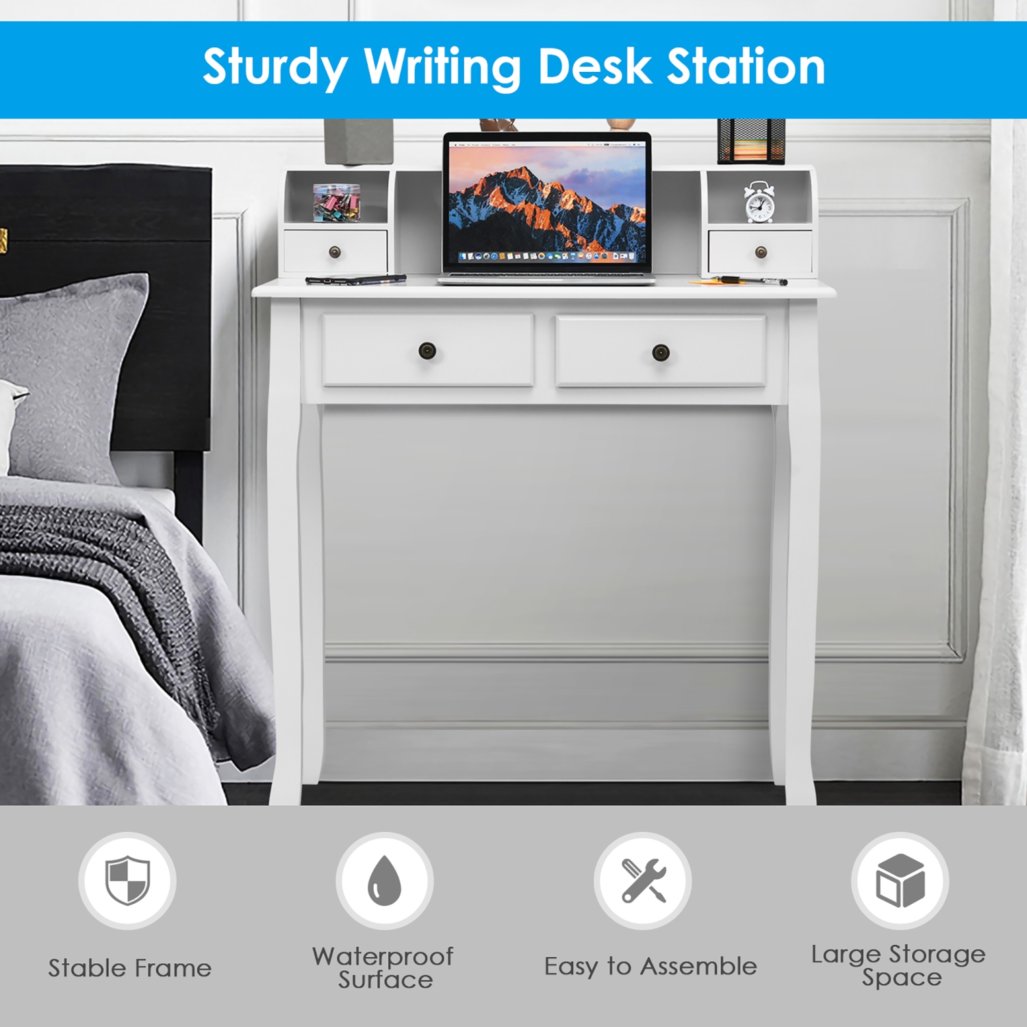 Costway Writing Desk Mission White Home Office Computer Desk 4 Drawer