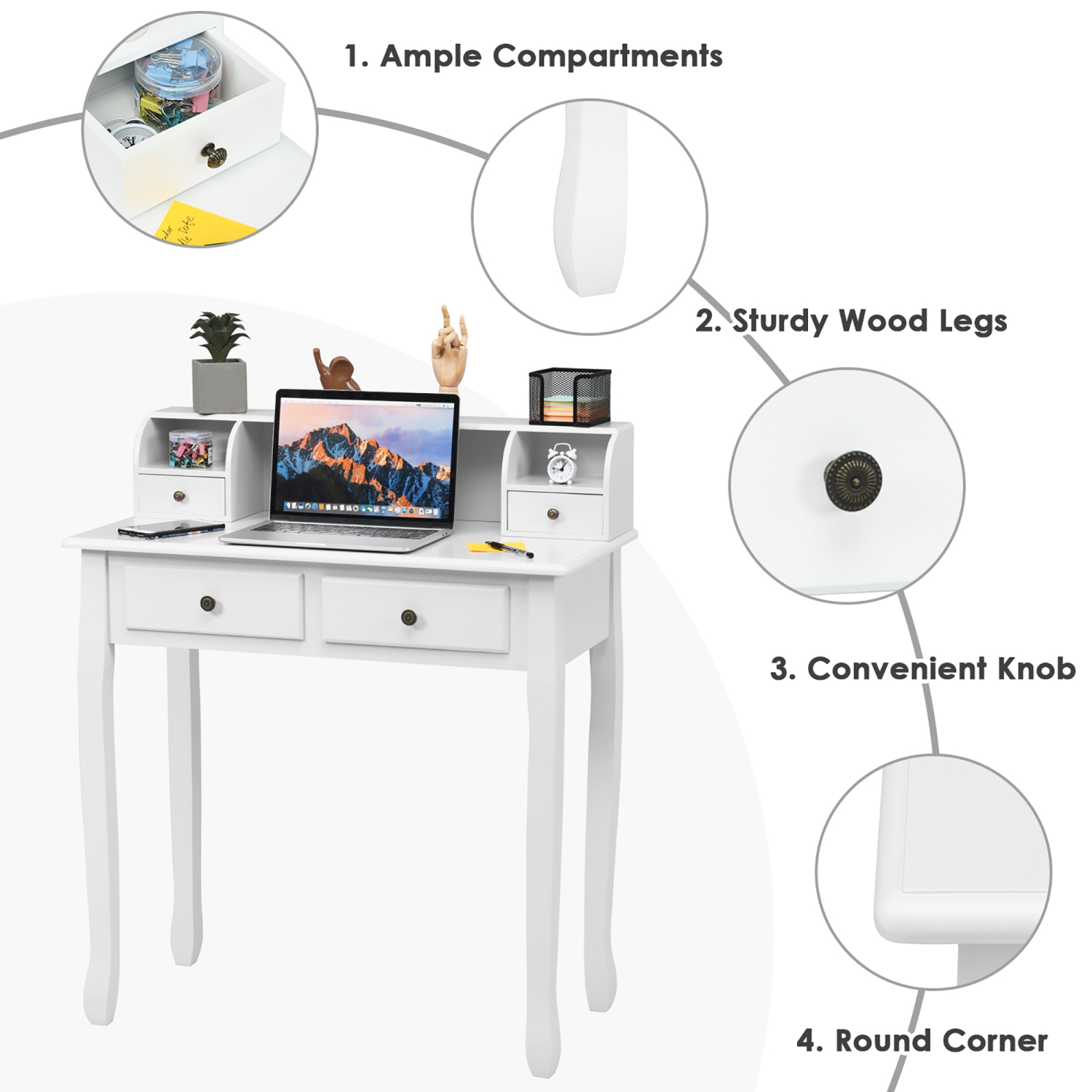 Costway Writing Desk Mission White Home Office Computer Desk 4 Drawer