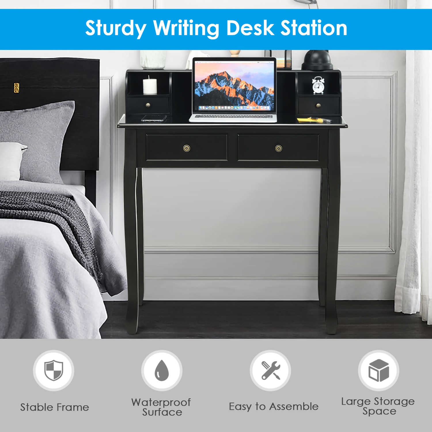 Costway Writing Desk Mission White Home Office Computer Desk 4 Drawer
