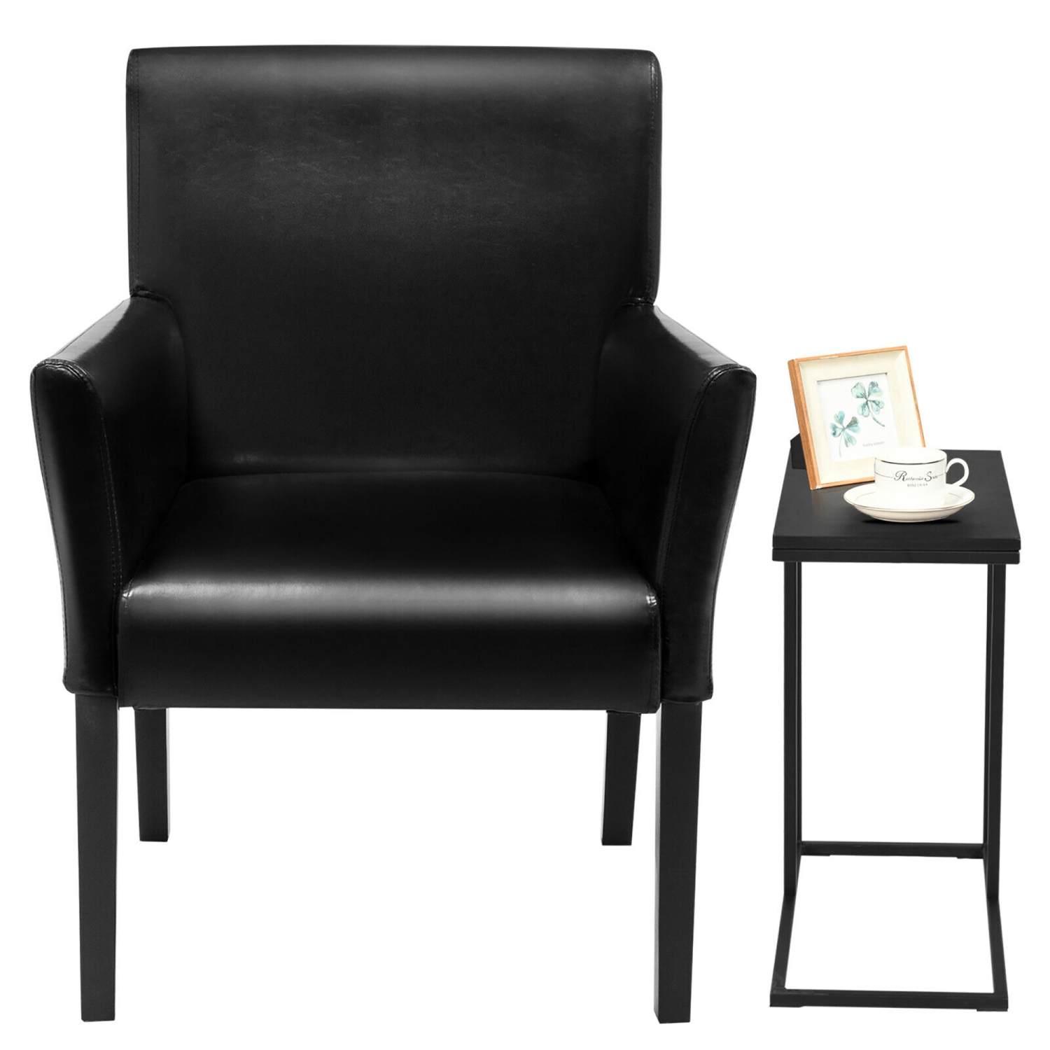 Gorelax C-shaped Side End Table & Reception Arm Chair Set w/Rubber Wood Legs