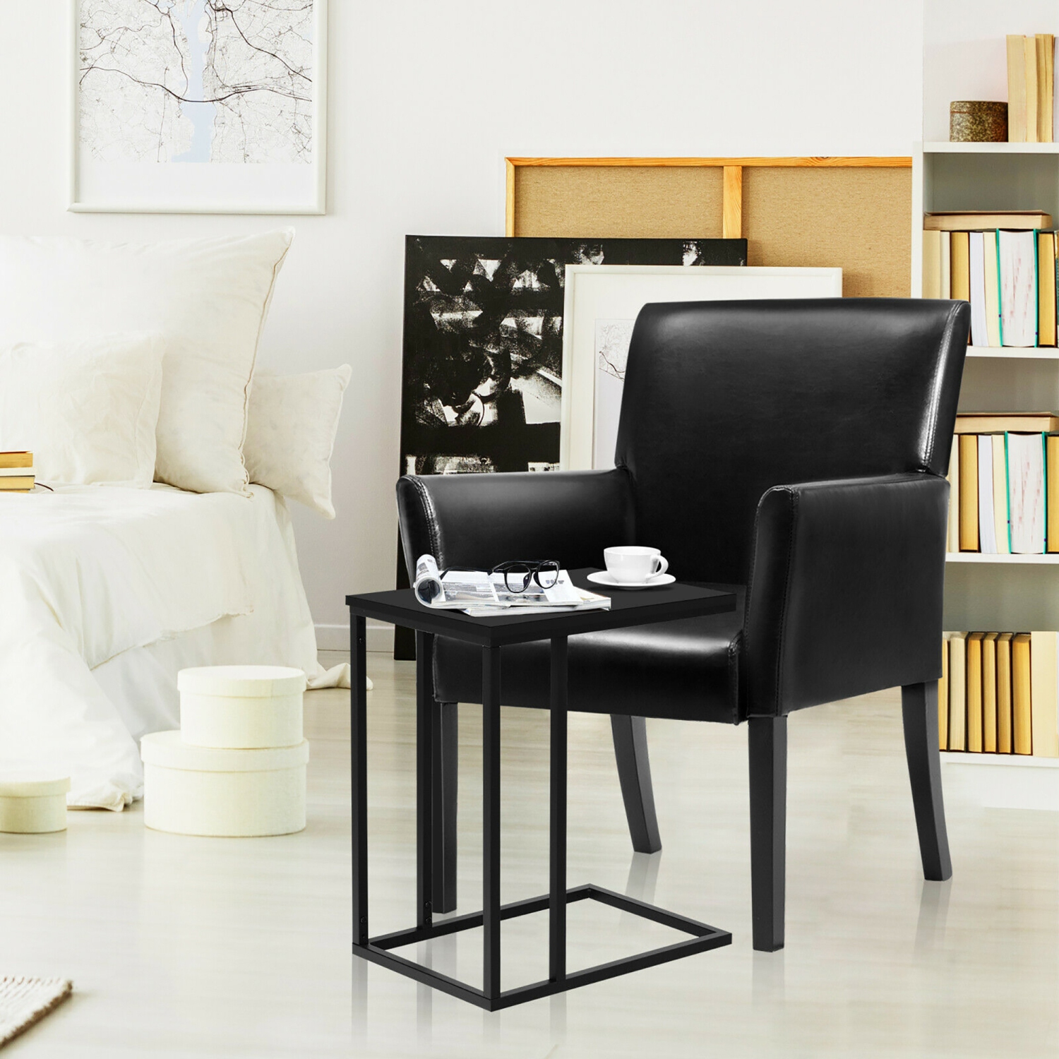 Costway C-shaped Side End Table & 2 Reception Arm Chairs Set w/Rubber Wood Legs