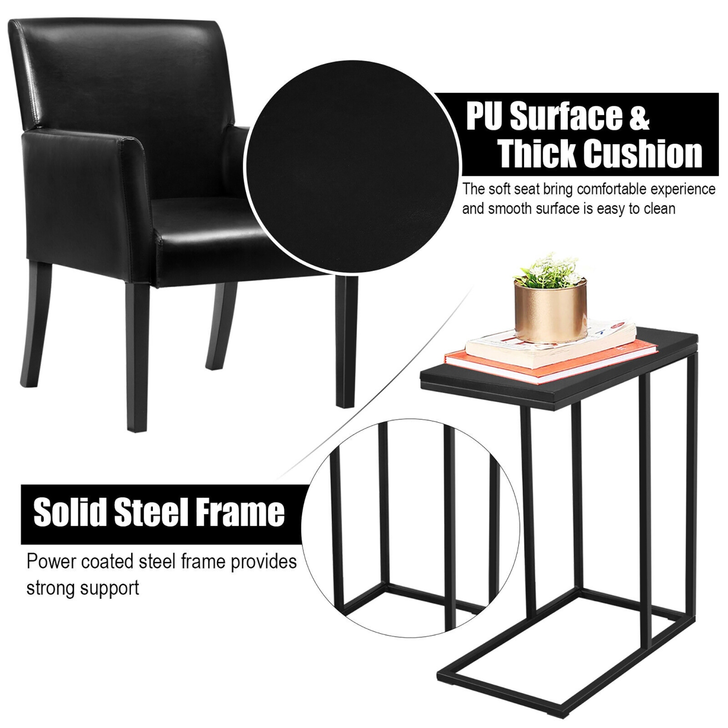 Costway C-shaped Side End Table & 2 Reception Arm Chairs Set w/Rubber Wood Legs