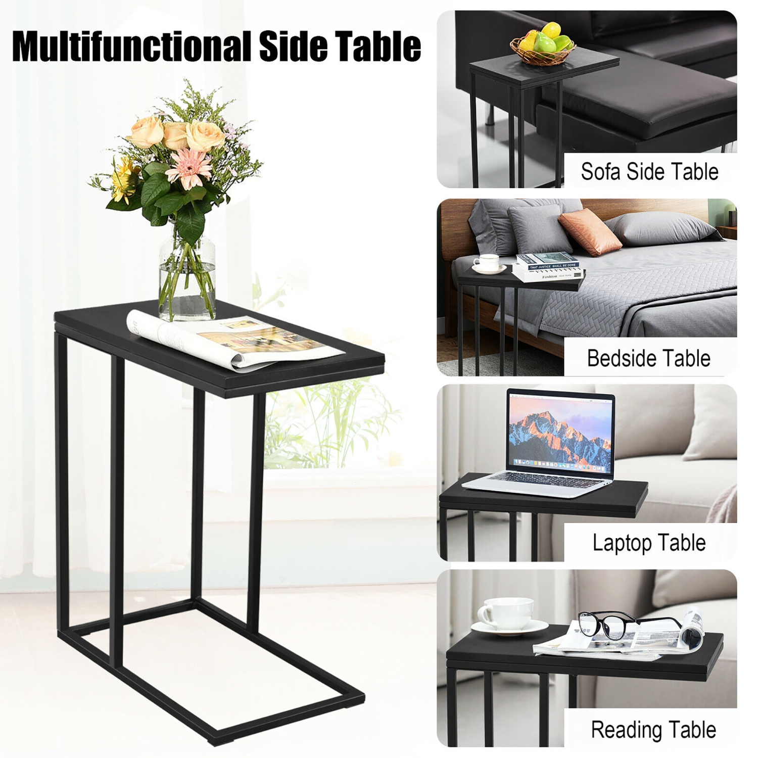 Costway C-shaped Side End Table & 2 Reception Arm Chairs Set w/Rubber Wood Legs