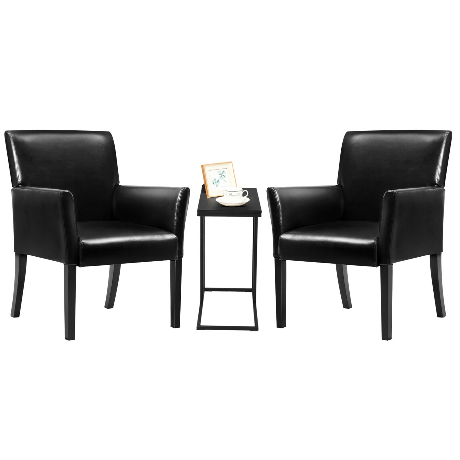 Costway C-shaped Side End Table & 2 Reception Arm Chairs Set w/Rubber Wood Legs