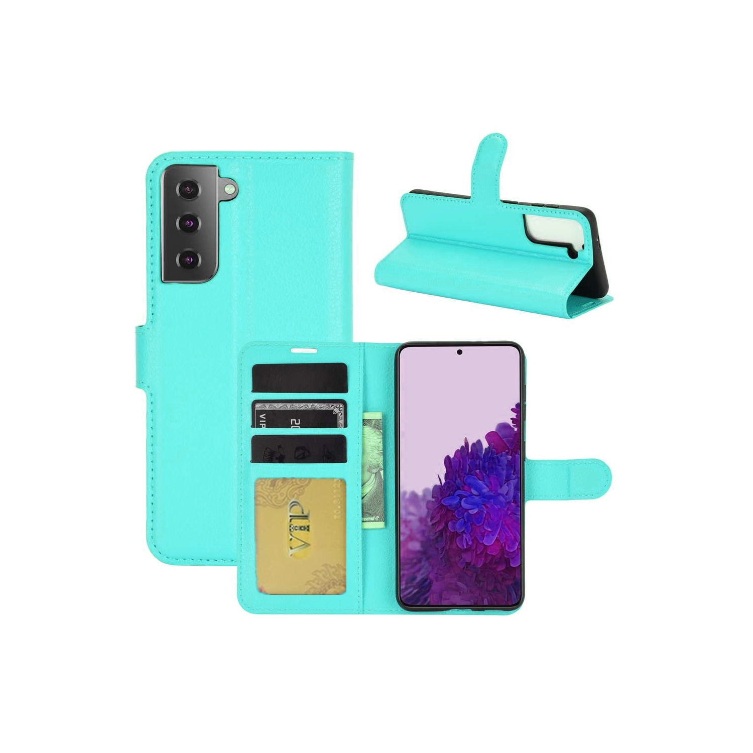 【CSmart】 Magnetic Card Slot Leather Folio Wallet Flip Case Cover for Samsung Galaxy S21 5G 6.2", Mint