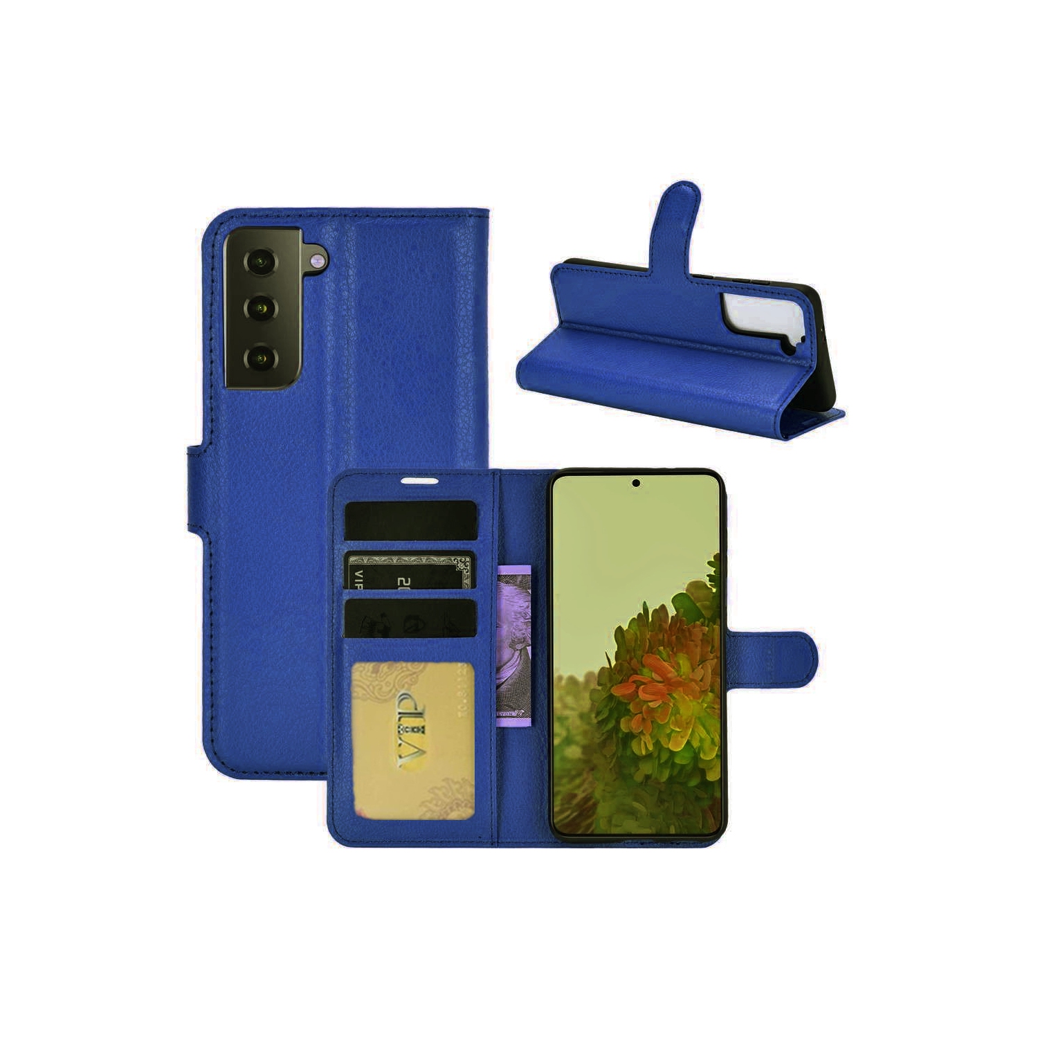 【CSmart】 Magnetic Card Slot Leather Folio Wallet Flip Case Cover for Samsung Galaxy S21 5G 6.2", Navy