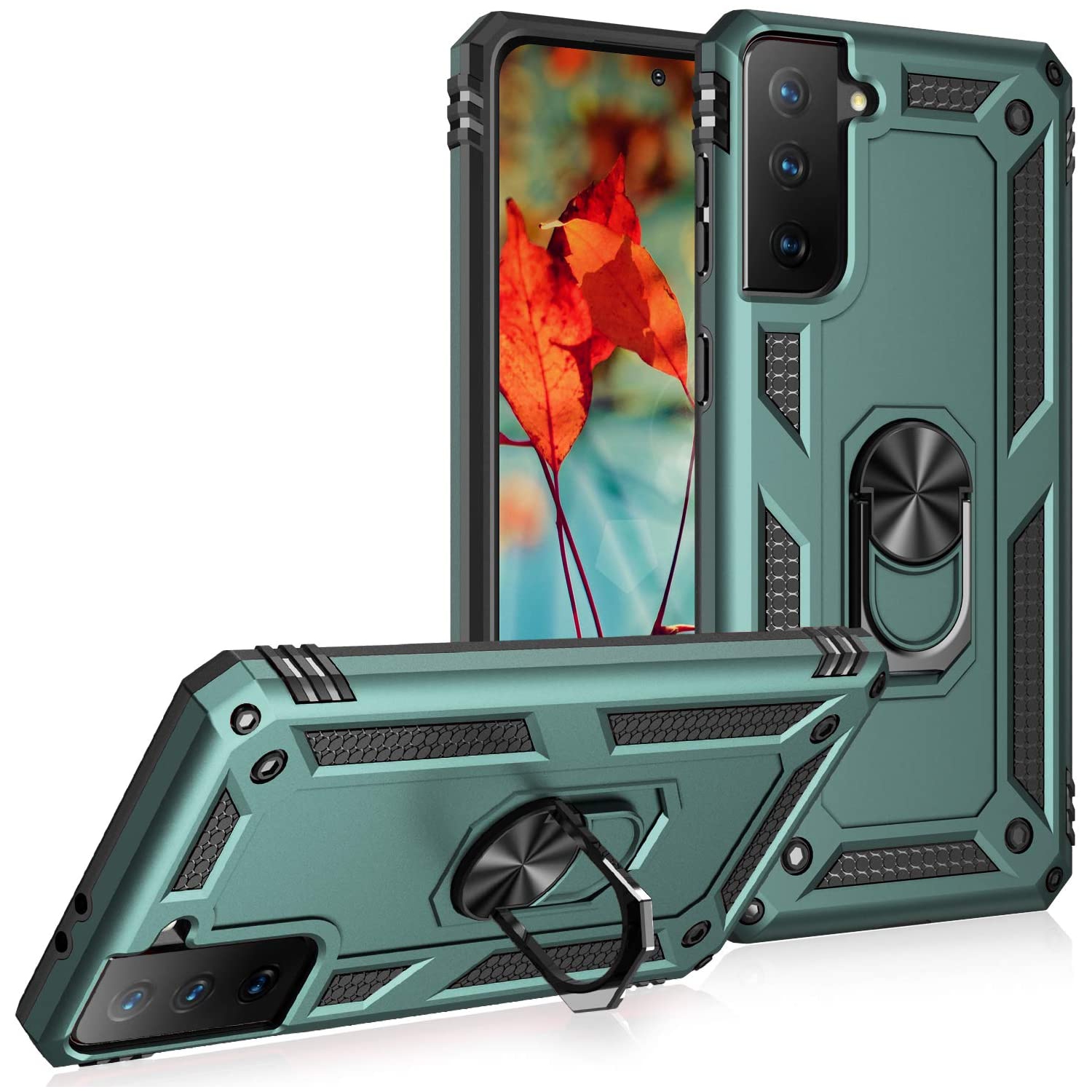 【CSmart】 Anti-Drop Hybrid Magnetic Hard Armor Case with Ring Holder for Samsung Galaxy S21 Plus 5G 6.7", Midnight Green