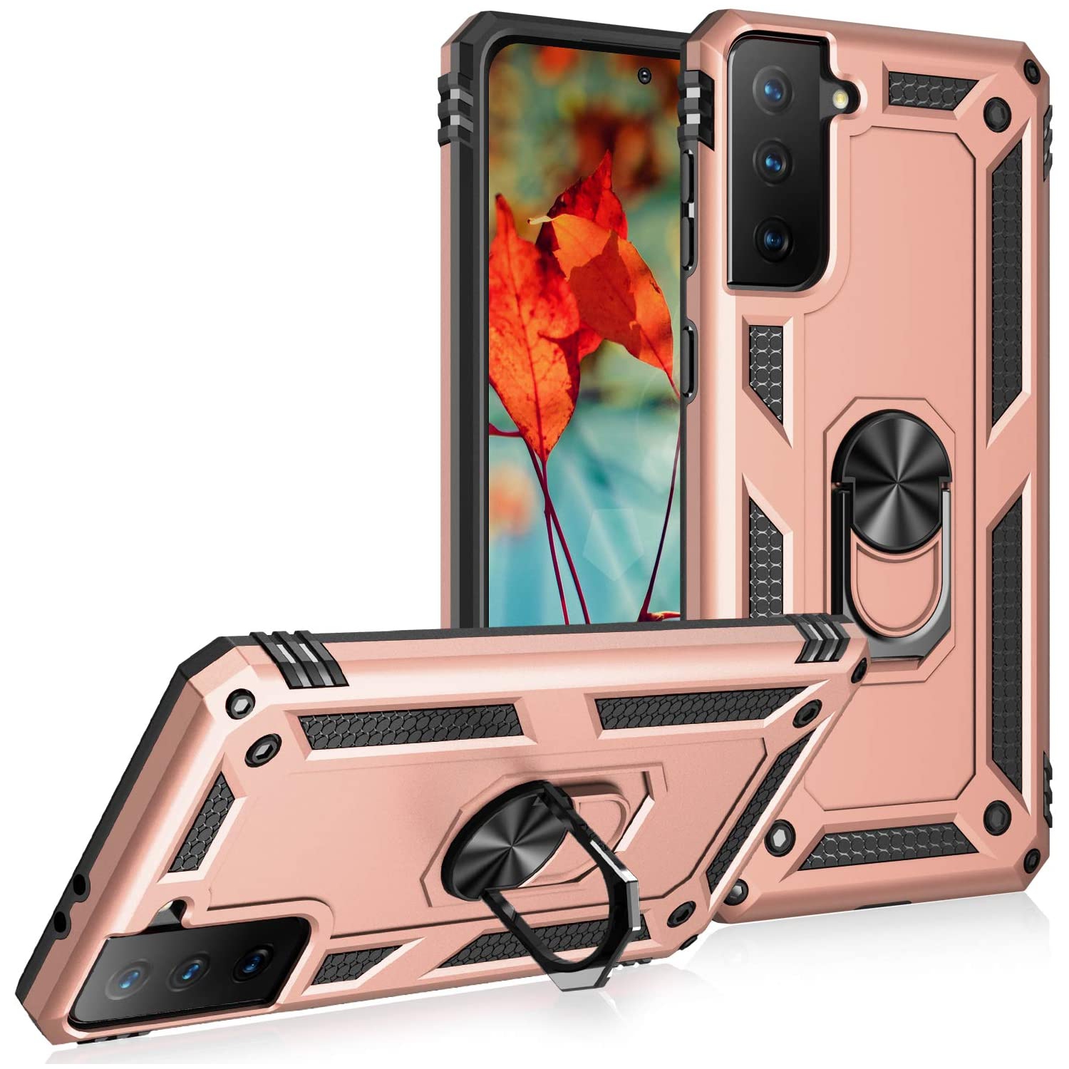 【CSmart】 Anti-Drop Hybrid Magnetic Hard Armor Case with Ring Holder for Samsung Galaxy S21 Plus 5G 6.7", Rose Gold