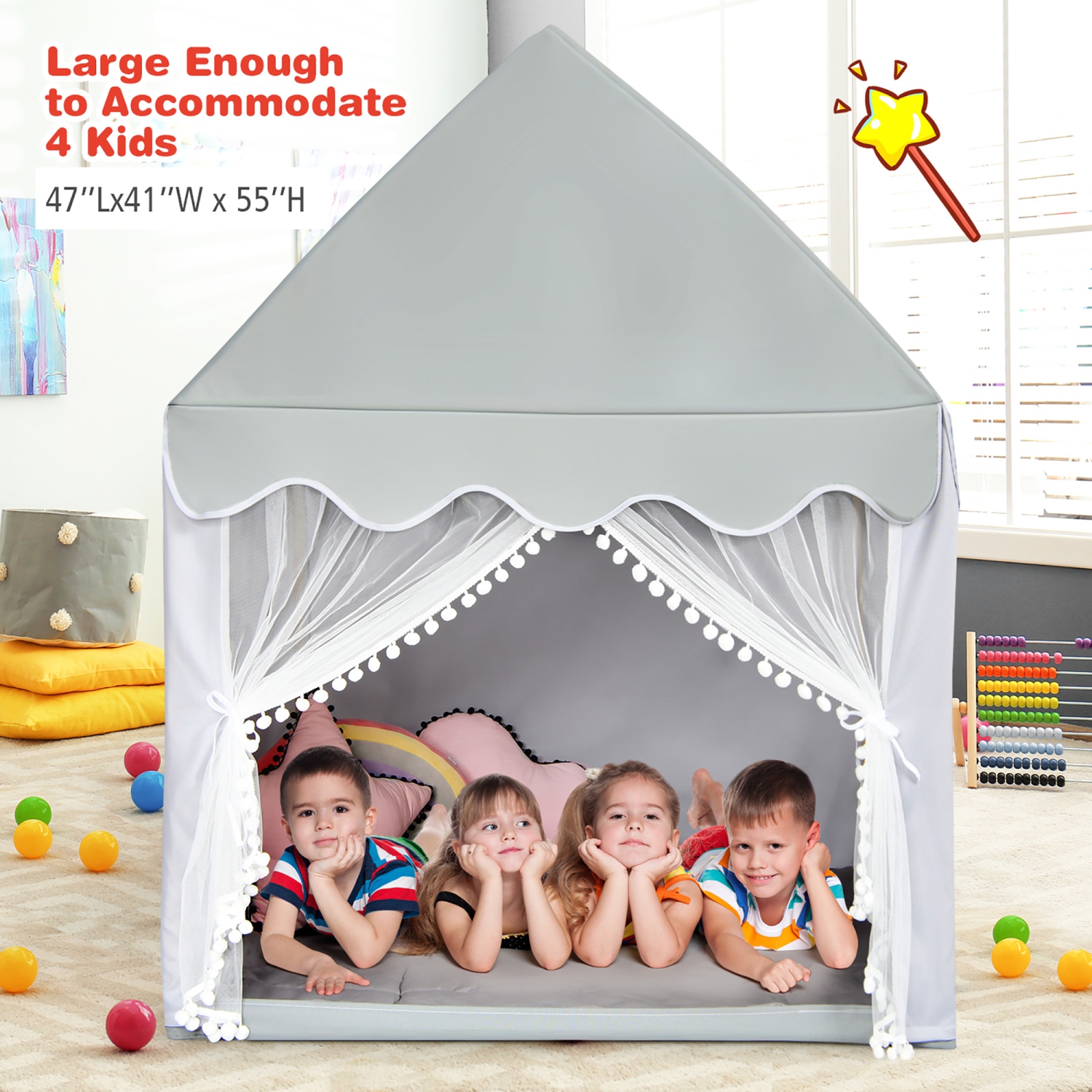 Costway Kids Play Tent Large Playhouse Children Play Castle Fairy Tent&nbsp;Gift w/ Mat Gray