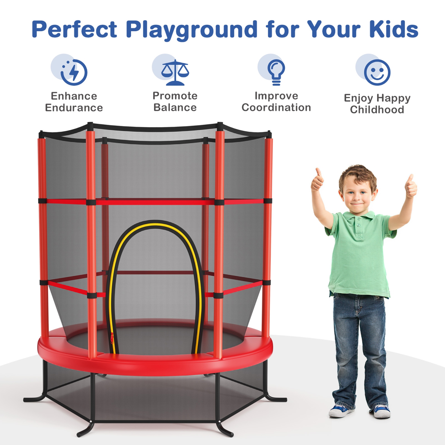 Costway Youth Jumping Round Trampoline 55'' Exercise W/ Safety Pad Enclosure Combo Kids