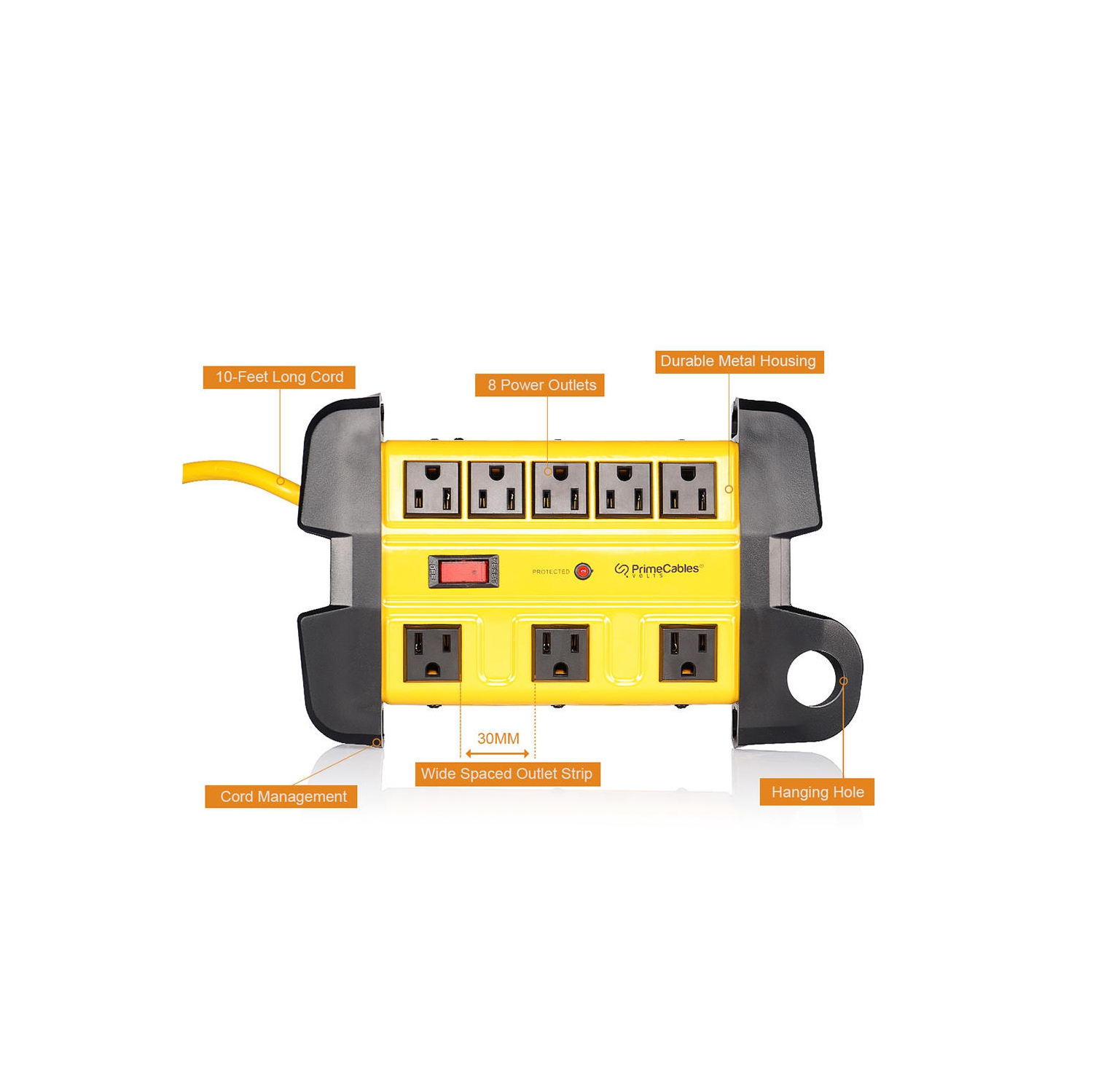Parasurtenseur à 8 prises avec boîtier en métal et cordon de 14AWG 10ft pi, 1350 joules