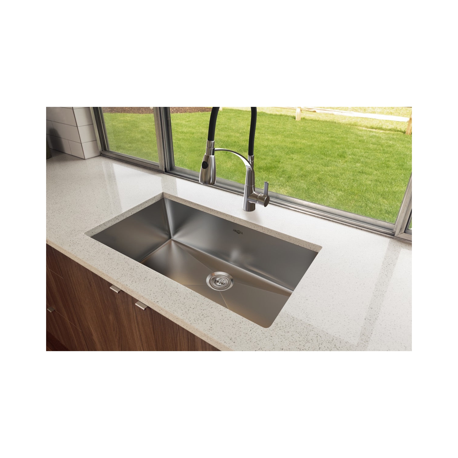 Ancona Prestige Series Undermount 30" Single Bowl Kitchen Sink with Grid and Strainer in Stainless Steel